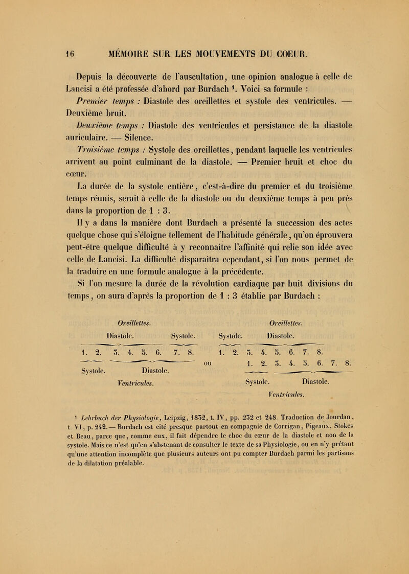 Depuis la découverte de l'auscultation, une opinion analogue à celle de Lancisi a été professée d'abord par Burdach *. Voici sa formule : Premier temps : Diastole des oreillettes et systole des ventricules. — Deuxième bruit. Deuxième temps : Diastole des ventricules et persistance de la diastole auriculaire. — Silence. Troisième temps : Systole des oreillettes, pendant laquelle les ventricules arrivent au point culminant de la diastole. — Premier bruit et choc du cœur. La durée de la systole entière, c'est-à-dire du premier et du troisième temps réunis, serait à celle de la diastole ou du deuxième temps à peu près dans la proportion de 1 : 3. Il y a dans la manière dont Burdach a présenté la succession des actes quelque chose qui s'éloigne tellement de l'habitude générale, qu'on éprouvera peut-être quelque difficulté à y reconnaître l'affinité qui relie son idée avec celle de Lancisi. La difficulté disparaîtra cependant, si l'on nous permet de la traduire en une formule analogue à la précédente. Si l'on mesure la durée de la révolution cardiaque par huit divisions du temps, on aura d'après la proportion de 1 : 3 établie par Burdach : Oreillettes. Oreillettes. Diastole. Systole. Systole. Diastole. 1. 2. 3. 4. 5. 6. 7. 8. 1. 2. 5. 4. S. 6. 7. 8. Systole. Diastole. Ventricules. ou t. 2. 5. 4. 5. 6. 7. 8. Systole. Diastole. Ventricules. 1 Lehrbuch der Physiologie, Leipzig, 1852, t. IV, pp. 232 et 248. Traduction de Jourdan, t. VI, p. 242.— Burdach est cité presque partout en compagnie de Corrigan, Pigeaux, Stokes et Beau, parce que, comme eux, il fait dépendre le choc du cœur de la diastole et non de la systole. Mais ce n'est qu'en s'abstenant de consulter le texte de sa Physiologie, ou en n'y prêtant qu'une attention incomplète que plusieurs auteurs ont pu compter Burdach parmi les partisans de la dilatation préalable.