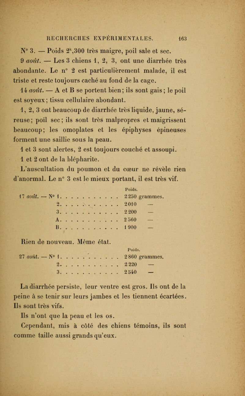 N° 3. — Poids 2'\300 très maigre, poil sale et sec. 9 aoi\t, — Les 3 chiens 1, 2, 3, ont une diarrhée très abondante. Le n° 2 est particulièrement malade, il est triste et reste toujours caché au fond de la cage. 14 août. — A et B se portent bien; ils sont gais ; le poil est soyeux; tissu cellulaire abondant. 1, 2, 3 ont beaucoup de diarrhée très liquide, jaune, sé- reuse ; poil sec ; ils sont très malpropres et maigrissent beaucoup; les omoplates et les épiphyses épineuses forment une saillie sous la peau. 1 et 3 sont alertes, 2 est toujours couché et assoupi. 1 et 2 ont de la blépharite. L'auscultation du poumon et du cœur ne révèle rien d'anormal. Le n'' 3 est le mieux portant, il est très vif. Poids. 17 aoiîL — NM 2250 grammes. 2 . 2010 ~ 3 2200 — A 2560 — B. 1900 — Rien de nouveau. Même état. Poids. 27 août. — N*' 1 2 860 grammes. 2 2 220 — 3 2540 — La diarrhée persiste, leur ventre est gros. Ils ont de la peine à se tenir sur leurs jambes et les tiennent écartées. Ils sont très vifs. Ils n'ont que la peau et les os. Cependant, mis à côté des chiens témoins, ils sont comme taille aussi grands qu'eux.