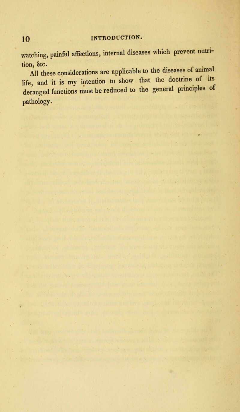 watching, painful affections, internal diseases which prevent nutri- tion, &c. . All these considerations are applicable to the diseases of animal life, and it is my intention to show that the doctrine of its derangedfunctions must be reduced to the general principles of pathology.