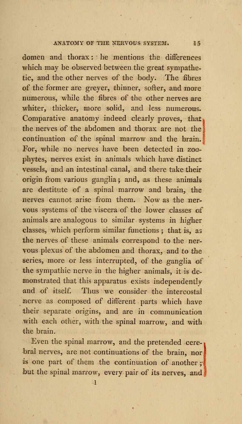 domen and thorax: • he mentions the differences which may be observed between the great sympathe- tic, and the other nei'ves of the body. The fibres of the former are greyer, thinner, softer, and more numerous, while the fibres of the other nerves are whiter, thicker, more solid, and less numerous. Comparative anatomy indeed clearly proves, that| the nerves of the abdomen and thorax are not thei continuation of the spinal marrow and the brain*| For, while no nerves have been detected in zoo- phytes, nerves exist in animals which have distinct vessels, and an intestinal canal, and there take theii origin from various ganglia; and, as these aninlals are destitute of a spinal marrow and brain, the nerves cannot arise from them. Now as the ner- vous systems of the viscera of the lower classes of animals are analogous to similar systems in higher classes, which perform similar functions ; that is, as the nerves of these animals correspond to the ner- vous plexus of the abdomen and thorax, and to the series, more or less interrupted, of the ganglia of the sympathic nerve in the higher animals, it is de- monstrated that this apparatus exists independently and of itself. Thus we consider the intercostal acrve as composed of different parts which have their separate origins, and are in communication with each other, with the spinal marrow, and with the brain. Even the spinal marrow, and the pretended cere-] bral nerves, are not continuations of the brain, norj is one part of them the continuation of another ;■. but the spinal marrow, every pair of its nerves, and, 1