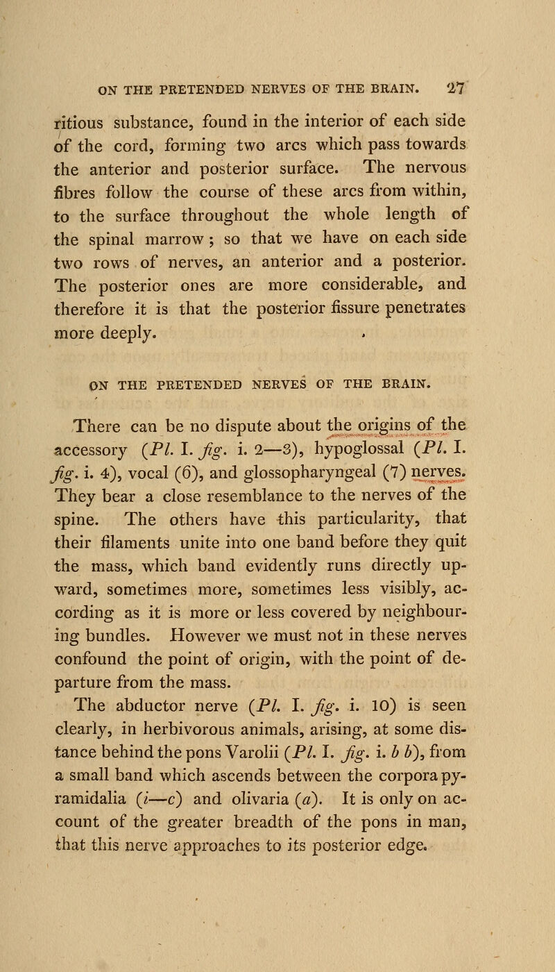 ritious substance, found in the interior of each side of the cord, forming two arcs which pass towards the anterior and posterior surface. The nervous fibres follow the course of these arcs from within, to the surface throughout the whole length of the spinal marrow ; so that we have on each side two rows of nerves, an anterior and a posterior. The posterior ones are more considerable, and therefore it is that the posterior fissure penetrates more deeply. ON THE PRETENDED NERVES OF THE BRAIN. There can be no dispute about the origins of the accessory {PI. I. Jig, i. 1—S), hypoglossal {PL I. Jig. i. 4), vocal (6), and glossopharyngeal (7) ne|yeis. They bear a close resemblance to the nerves of the spine. The others have this particularity, that their filaments unite into one band before they quit the mass, which band evidently runs directly up- ward, sometimes more, sometimes less visibly, ac- cording as it is more or less covered by neighbour- ing bundles. However we must not in these nerves confound the point of origin, with the point of de- parture from the mass. The abductor nerve {PL I. Jg. i. 10) is seen clearly, in herbivorous animals, arising, at some dis- tance behind the pons Varohi {PL I. Jig, i. b b), from a small band which ascends between the corpora py- ramidalia {i—c) and olivaria {a). It is only on ac- count of the greater breadth of the pons in man, that this nerve approaches to its posterior edge.