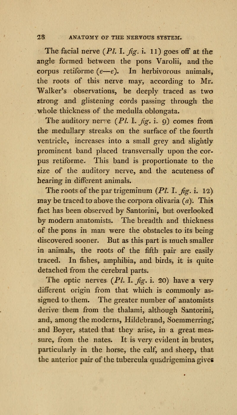 The facial nerve {PL I. Jig. i. 11) goes off at the angle formed between the pons Varolii, and the corpus retiforme (e—e). In herbivorous animals, the roots of this nerve may, according to Mr, Walker's observations, be deeply traced as two strong and glistening cords passing through the . whole thickness of the medulla oblongata. The auditory nerve {PL I. Jig. i. 9) comes from the medullary streaks on the surface of the fourth ventricle, increases into a small grey and slightly prominent band placed transversally upon the cor- pus retiforme. This band is proportionate to the size of the auditory nerve, and the acuteness of hearing in different animals. The roots of the par trigeminum {PL I. Jig. i. 12) may be traced to above the corpora olivaria {a). This fact has been observed by Santorini, but overlooked by modern anatomists. The breadth and thickness of the pons in man were the obstacles to its being discovered sooner. But as this part is much smaller in animals, the roots of the fifth pair are easily traced. In fishes, amphibia, and birds, it is quite detached from the cerebral parts. The optic nerves {PL I. Jig, i. 20) have a very different origin from that which is commonly as- signed to them. The greater number of anatomists derive them from the thalami, although Santorini, and, among the moderns, Hildebrand, Soemmerring, and Boyer, stated that they arise, in a great mea- sure, from the nates. It is very evident in brutes, particularly in the horse, the calf, and sheep, that the anterior pair of the tubercula quadrigemina gives