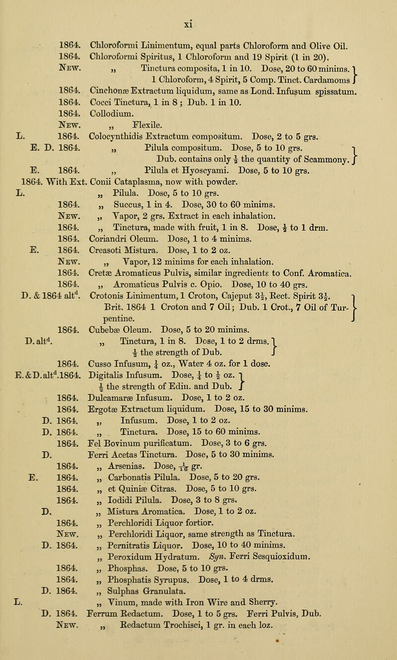 •} 1864. Chlorofonui Linimentum, equal parts Chloroform and Olive Oil. New. „ Tinctia-a composita, 1 in 10. Dose, 20 to 60 minims. 1 1 Chloroform, 4 Spirit, 5 Comp. Tinct. Cardamoms J 1864. Cinchonje Extractum liquidum, same as Lond. Infusum spissatum. 1864. Collodium. New. „ riexUe. L. 1864. Colocynthidis Extractum compositum. Dose, 2 to 5 grs. E. D. 1864. „ Pilula compositum. Dose, 5 to 10 grs. ■» Dub. contains only ^ the quantity of Scammony. J E. 1864. „ Pilula et Hyoscyami. Dose, 5 to 10 grs. 1864. With Ext. Conii Cataplasma, now with powder. „ Yapor, 2 grs. Extract in each inhalation. „ Tinctura, made with fruit, 1 in 8. Dose, ^ to 1 drm. Coriandri Oleum. Dose, 1 to 4 minims. „ Vapor, 12 minims for each inhalation. Cretae Aromaticus Pulvis, similar ingredients to Conf. Aromatica. „ Aromaticus Pulvis c. Opio. Dose, 10 to 40 grs. Crotonis Linimentum, 1 Croton, Cajeput S^, Kect. Spirit 3 Brit. 1864 1 Croton and 7 OH; Dub. 1 Crot., 7 Oil of Tur- pentine. Cubebee Oleum. Dose, 5 to 20 minims. „ Tinctura, 1 in 8. Dose, 1 to 2 drms •5 the strength of Dub. Cusso Infusum, 5 oz., Water 4 oz. for 1 dose. Digitalis Infusum. Dose, :| to | oz ^ the strength of Ediu. and Dub, Dulcamarse Infusum. Dose, 1 to 2 oz. Ergots Extractum hquidum. Dose, 15 to 30 minims. „ Infusum. Dose, 1 to 2 oz. „ Tinctura. Dose, 15 to 60 minims. Fel Bovinum purificatum. Dose, 3 to 6 grs. Ferri Acetas Tinctura. Dose, 5 to 30 minims. „ Arsenias. Dose, i*^ gr. „ Carbonatis Pilula. Dose, 5 to 20 grs. „ et Quinige Citras. Dose, 5 to 10 grs. „ lodidi PUula. Dose, 3 to 8 grs. „ Mistura Aromatica. Dose, 1 to 2 oz. „ Perchloridi Liquor fortior. 5, Pemitratis Liquor. Dose, 10 to 40 mmims. „ Peroxidum Hydratum. St/n. Eerri Sesquioxidum. „ Phosphas. Dose, 5 to 10 grs. „ Phosphatis Syrupus. Dose, 1 to 4 drms. „ Sulphas Granulata. „ Vinum, made with Iron Wire and Sherry. Eerrum Kedactum. Dose, 1 to 5 grs. Ferri Pulvis, Dub New. 1864. 1864. New. 1864. 1864. D. & 1864 alf^. 1864. D.alt^. 1864. E.&D.alt ;'^.1864. 1864. 1864. D. 1864. D. 1864. 1864. D. 1864. E. 1864. 1864. 1864. D. 1864. D. 1864. 1864. 1864. D. T 1864. -U. D. 1864. :■}