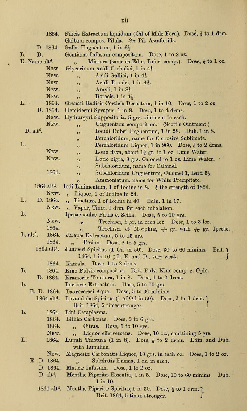 L. D. E. Name alt*. New. New. New. New. New. L. 1864. D. 1864. New. New. 1864. Filicis Extractum liquidum (Oil of Male Fern). Dose, i to 1 drm. Galbani compos. Pilula. See Pil. Assafoetida. GentianiB Infusum compositum. Dose, 1 to 2 oz. „ Mistura (same as Edin. Infus. comp.). Dose, i to 1 oz. Gljeerinum Acidi Carbolic!, 1 in 4^. „ Acidi Gallici, 1 in 4^. „ Acidi Tannici, 1 in 4^. „ Amyli, 1 in 8^. „ Boracis, 1 in 44. Granati Radicis Corticis Decoctum, 1 in 10. Dose, 1 to 2 oz. Hemidesmi Syrupus, 1 in 8. Dose, 1 to 4 drms. Hydi'argyri Suppositoria, 5 grs. ointment in each. „ Unguentum compositum. (Scott's Ointment.) D. alt''. „ lodidi Rubri Unguentum, 1 in 28. Dub. 1 in 8. „ Perchloridum, name for Corrosive Sublimate. L- „ Perchloridum Liquor, 1 in 960. Dose, i to 2 drms. New. „ Lotio flava, about If gr. to 1 oz. Lime Water. New. „ Lotio nigra, 3 grs. Calomel to 1 oz. Lime Water. ■ „ Subchloridum, name for Calomel. 1864. „ Subchloridum Unguentum, Calomel 1, Lard 54. „ Ammoniatum, name for White Precipitate. 1864 altd. lodi Linimentum, 1 of Iodine in 8. I the strength of 1864. New. „ Liquor, 1 of Iodine in 24. L. D. 1864. „ Tmctura, 1 of Iodine in 40. Edin. 1 in 17. New. „ Yapor, Tinct. 1 drm. for each inhalation. L. Ipecacuanhse Pilula e. Scilla. Dose, 5 to 10 grs. New. „ Trochisci, J gr. in each loz. Dose, 1 to 3 loz. 1864. „ Trochisci et Morphise, -J^ gr. with -^-^ gr. Ipecac. L. alt*. 1864. Jalapse Extractum, 5 to 15 grs. 1864. „ Resina. Dose, 2 to 5 grs. 1864 alfi. Juniperi Spiritus (1 Oil in 50). Dose, 30 to 60 minims. Brit, l 1864,1 in 10.: L. E. and D., very weak. j 1864. Kamala. Dose, 1 to 2 drms. L. 1864. Kino Pulvis compositus. Brit. Pulv. Kino comp'. c. Opio. D. 1864. Kramerite Tinctura, 1 in 8. Dose, 1 to 2 drms. L. Lactucse Extractum. Do.se, 5 to 10 grs. E. D. 1864. Laurocerasi Aqua. Dose, 5 to 30 minims. 1864 alt*. Lavandulae Spiritus (1 of Oil in 50). Dose, i to 1 drm. 1 Brit. 1864, 5 times stronger. J L. 1864. Lini Cataplasma. 1864. Lithise Carbonas. Dose, 3 to 6 grs. 1864. „ Citras. Dose, 5 to 10 grs. New. „ Liquor elferveseens. Dose, 10 oz., containing 5 grs. L. 1864. Lupuli Tinctura (1 in 8). Dose, ^ to 2 drms. Edin. and Dub. with Lupuline. New. Magnesias Carbonatis Liquor, 18 grs. in each oz. Dose, 1 to 2 oz. E. D. 1864. „ Sulphatis Enema, 1 oz. in each. D. 1864. Maticae Infusum. Dose. 1 to 2 oz. D. alt''. Menthae Piperitae Essentia, 1 in 5. Dose, 10 to 60 minims. Dub. 1 in 10. 1864 alfi. Menthae Piperitae Spiritus, 1 in 50. Dose, ^ to 1 drm. 1