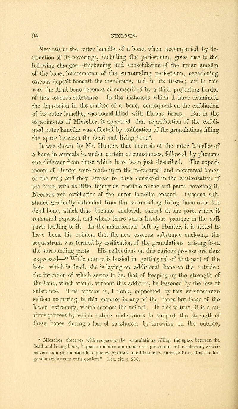 Necrosis in the outer lamellae of a bone, when accompanied by de- struction of its coverings, including the periosteum, gives rise to the folloAving changes—thickening and consolidation of the inner lamellae of the bone, inflammation of the surrounding periosteum, occasioning osseous deposit beneath the membrane, and in its tissue; and in this way the dead bone becomes circumscribed by a thick projecting border of new osseous substance. In the instances which I have examined, the depression in the surface of a bone, consequent on the exfoliation of its outer lamellae, was found filled with fibrous tissue. But in the experiments of Miescher, it appeared that reproduction of the exfoli- ated outer lamellae was effected by ossification of the granulations filling the space between the dead and living bone*. It was shown by Mr. Hunter, that necrosis of the outer lamellae of a bone in animals is, under certain circumstances, followed by phenom- ena different from those which have been just described. The experi- ments of Hunter were made upon the metacarpal and metatarsal bones of the ass ; and they appear to have consisted in the cauterization of the bone, with as little injury as possible to the soft parts covering it. Necrosis and exfoliation of the outer lamellae ensued. Osseous sub- stance gradually extended from the surrounding living bone over the dead bone, which thus became enclosed, except at one part, where it remained exposed, and where there was a fistulous passage in the soft parts leading to it. In the manuscripts left by Hunter, it is stated to have been his opinion, that the new osseous substance enclosing the sequestrum was formed by ossification of the granulations arising from the surrounding parts. His reflections on this curious process are thus expressed— While nature is busied in getting rid of that part of the bone which is dead, she is laying on additional bone on the outside ; the intention of which seems to be, that of keeping up the strength of the bone, which would, without this addition, be lessened by the loss of substance. This opinion is, I think, supported by this circumstance seldom occurring in this manner in any of the bones but those of the lower extremity, which support the animal. If this is true, it is a cu- rious process by which nature endeavours to support the strength of these bones during a loss of substance, by throwing on the outside, * Miescher observes, with respect to the granulations filling the space between the dead and living bone,  quarum id stratum quod ossi proximum est, ossificatur, exteri- us vero cum granulationibus quce ex partibus mollibus nataj sunt confluit, et ad confin- gendam cicitriccm cutis confert. Loc. cit. p. 236.
