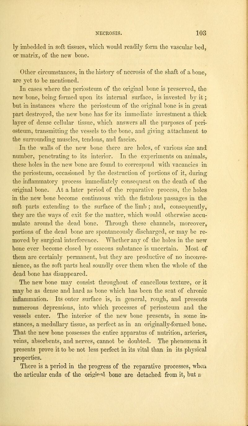 ly imbedded in soft tissues, which would readily form the vascular bed, or matrix, of the new bone. Other circumstances, in the history of necrosis of the shaft of a bone, are yet to be mentioned. In cases where the periosteum of the original bone is preserved, the new bone, being formed upon its internal surface, is invested by it; but in instances where the periosteum of the original bone is in great part destroyed, the new bone has for its immediate investment a thick layer of dense cellular tissue, which answers all the purposes of peri- osteum, transmitting the vessels to the bone, and giving attachment to the surrounding muscles, tendons, and fasciae. In the walls of the new bone there are holes, of various size and number, penetrating to its interior. In the experiments on animals, these holes in the new bone are found to correspond with vacancies in the periosteum, occasioned by the destruction of portions of it, during the inflammatory process immediately consequent on the death of the original bone. At a later period of the reparative process, the holes in the new bone become continuous with the fistulous passages in the soft parts extending to the surface of the limb ; and, consequently, they are the ways of exit for the matter, which would otherwise accu- mulate around the dead bone. Through these channels, moreover, portions of the dead bone are spontaneously discharged, or may be re- moved by surgical interference. Whether any of the holes in the new bone ever become closed by osseous substance is uncertain. Most of them are certainly permanent, but they are productive of no inconve- nience, as the soft parts heal soundly over them when the whole of the dead bone has disappeared. The new bone may consist throughout of cancellous texture, or it may be as dense and hard as bone which has been the seat of chronic inflammation. Its outer surface is, in general, rough, and presents numerous depressions, into which processes of periosteum and the vessels enter. The interior of the new bone presents, in some in- stances, a medullary tissue, as perfect as in an originally-formed bone. That the new bone possesses the entire apparatus of nutrition, arteries, veins, absorbents, and nerves, cannot be doubted. The phenomena it presents prove it to be not less perfect in its vital than in its physical properties. There is a period in the progress of the reparative processes, wheii the articular ends of the origir*! bone are detached from it, but k