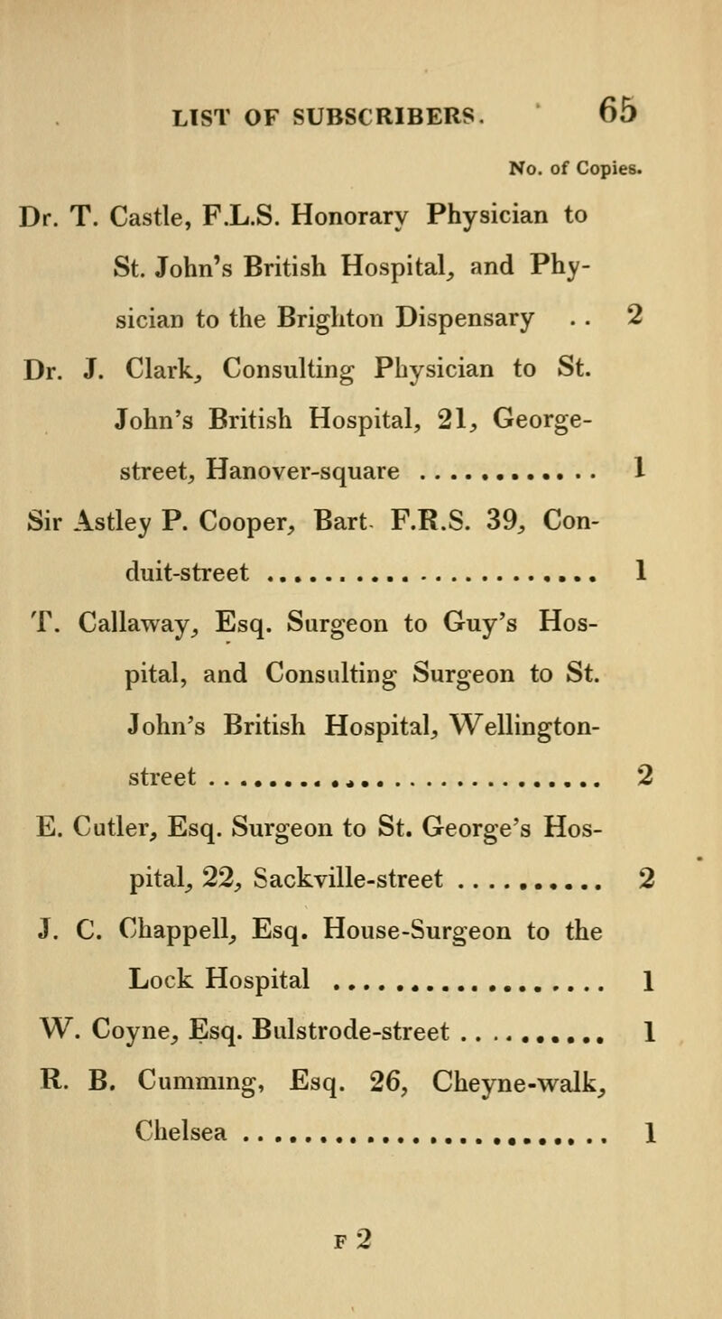 No. of Copies. Dr. T. Castle, F.L.S. Honorary Physician to St. John's British Hospital, and Phy- sician to the Brighton Dispensary .. 2 Dr. J. Clark, Consulting Physician to St. John's British Hospital, 21, George- street, Hanover-square 1 Sir Astley P. Cooper, Bart- F.R.S. 39, Con- duit-street 1 T. Callaway, Esq. Surgeon to Guy's Hos- pital, and Consulting Surgeon to St. John's British Hospital, Wellington- street , 2 E. Cutler, Esq. Surgeon to St. George's Hos- pital, 22, Sackville-street 2 J. C. Chappell, Esq. House-Surgeon to the Lock Hospital 1 W. Coyne, Esq. Bulstrode-street 1 R. B. Cumming, Esq. 26, Cheyne-walk, Chelsea , 1 f2