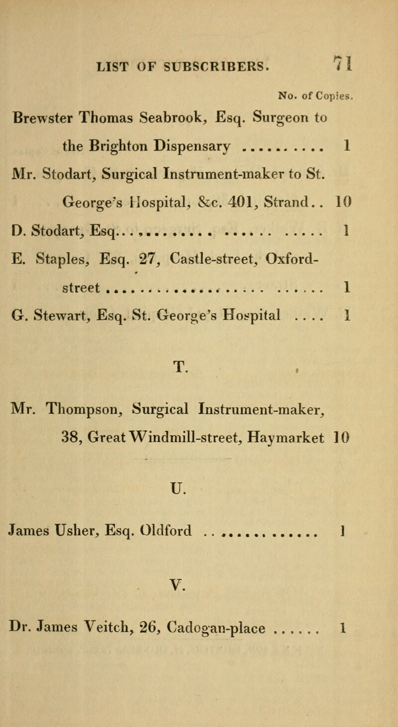 No. of Copies. Brewster Thomas Seabrook, Esq. Surgeon to the Brighton Dispensary 1 Mr. Stodart, Surgical Instrument-maker to St. George's Hospital, &c. 401, Strand.. 10 D. Stodart, Esq 1 E. Staples, Esq. 27, Castle-street, Oxford- street 1 G. Stewart, Esq. St. George's Hospital .... 1 T. Mr. Thompson, Surgical Instrument-maker, 38, Great Windmill-street, Haymarket 10 U. James Usher, Esq. Oldford 1 V. Dr. James Veitch, 26, Cadogan-place 1