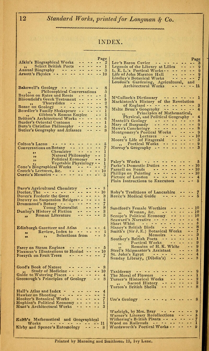 INDEX. Page Alkin's Biographical Works 2 „ Select British Poets - - - - ~ - 1 Annual Biography 3 Arnott's Physics -- -- - --10 Bakewell's Geology 8 „ Philosophical Conversations 5 Baylrion on Rates and Rents - 5 Bloonifield's Greek Testament 5 ,, Thueydides 2 Boase on Geology -- -- 8 Bowdler's Family Shakspeare 1 ,, Gibbon's Roman Empire - - 1 Britton's Architectural Works 6 Burder's Oriental Customs 1 Burn's Christian Philosophy o Butler's Geography and Atlasses - - - - 8 Colton's Lacon -- -- - 5 Conversations onBotany 7 ,, Chemistry 1 „ Natural Philosophy - - 1 ,, Political Economy - - 1 ,, Vegetable Physiology - - 1 Coxe-'s Biographical Works - - - - - - 2 Crotch's Lectures, &c. .... . . . lo Currie's Memoirs -- -- - 3 Davy's Agricultural Chemistrv - - - - 5 Doctor, The ' 10 Dover's Frederic the Great - - - - - - 3 Drewry on Suspension Bridges- - -- -- 5 Drummond's Botany -- 7 ,, Young Naturalist - - - - 8 Dunlop's History of Fiction - - - - - - 3 „ Roman Literature - 3 Edinburgh Gazetteer and Atlas - - - - 4 „ Review, Index to -- -- -- 5 „ ,, Selections from - - 5 Farey on Steam Engines - - 5 Flaxman's Illustrations to Hesiod - - - - 10 Forsyth on Fruit Trees 7 Good's Book of Nature -8 ,, Study of Medicine --10 Guide to Watering Places - ■■> - - - - - - 4 Greenough's Principles of Geology - - 8 Hall's Atlas and Index - .----..4 Hawker on Shooting -- -- -- -- -- 5 Hooker's Botanical Works - - - - - ■. 7 Hopkins's Political Economy - - - - - - 1 Hunt's Architectural Works - - - - - - 3 KeltVs Mathematical and Geographical Works 11 Klrby and Spence's Entomology - - - - 8 Page Lee's Baron Cuvier -- - - - » -- -- 3 Legends of the Library at Lilies - - - - 9 L. E. L.'s Poetical Works 9 Life of John Marston Hall 9 Lindley's Botanical Works - - - - - - 7 Loudon's Gardening, Agricultural, and Architectural Works - 11 M'Culloch's Dictionary 1 Mackintosh's History of the Revolution of England 3 Malte Brun's Geography 4 ,, Principles of Mathematical, Physical, and Political Geography - 4 Mantell's Geology 8 Mary of Burgundy - 9 Mawe's Conchology -- 8 Montgomery's Poetical Works - - - - 9 ,, Lectures -- 10 Moore's Life of Fitzgerald 3 „ Poetical Works 9 Murray's Geography -- -- - 8 Paley's Works 5 Parke's Domestic Duties -- -- -- --10 Parnell on Hoads -- -- -- - - - - 10 Phillips on Painting -- -- - 10 Picture of London -- -- -- --- -- 4 Plain Instructions to Executors - - - - 5 Roby's Traditions of Lancashire - - - - 7 Reece's Medical Guide -- -- -- -- 5 Sandford's Female Worthies 10 ,, Woman, &c. 10 Scrope's Political Economy - - - - - • 10 Seaward's Narrative -- -- -- -- -- 4 Short Whist 5 Slaney's British Birds 8 Smith's (Sir J. E.) Botanical Works -- 7 ,, ,, Memoirs - - - - - - 3 Southey's British Poets -- -- -- -- 1 ,, Poetical Works 9 „ Remains of H. K. White - - 9 Steel's Shipmaster's Assistant - - - - 5 St. John's Egypt 4 Sunday Library, (Dibdin's) - - - - - - 5 Taxidermy - -- - 9 The Moral of Flowers 1 Turner's Historical Works 2 ,, Sacred History -- -- -- -- 2 Turton's British Shells 8 Ure's Geology 8 Warleigh, by Mrs. Bray -- - » -- -- 9 Warner's Literary Recollections - - - - S Withering's British Plants - - - 7 Wood on Railroads -- -- - » -- -- 1 Wordsworth's Poetical Works 9 Printed by Manning and Smithson, 12, Ivy Lc