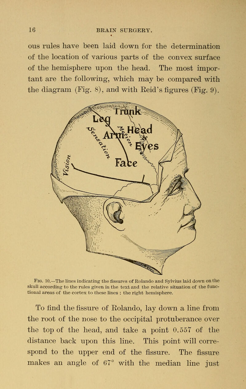 ous rules have been laid down for the determination of the location of various parts of the convex surface of the hemisphere upon the head. The most impor- tant are the following, which may be compared with the diagram (Fig. 8), and with Eeid's figures (Fig. 9). Fig. 10.—The lines indicating the fissures of Rolando and Sylvius laid down on the skull according to the rules given in the text and the relative situation of the func- tional areas of the cortex to these lines : the right hemisphere. To find the fissure of Rolando, lay down a line from the root of the nose to the occipital protuberance over the top of the head, and take a point 0.557 of the distance back upon this line. This point will corre- spond to the upper end of the fissure. The fissure makes an angle of 67° with the median line just