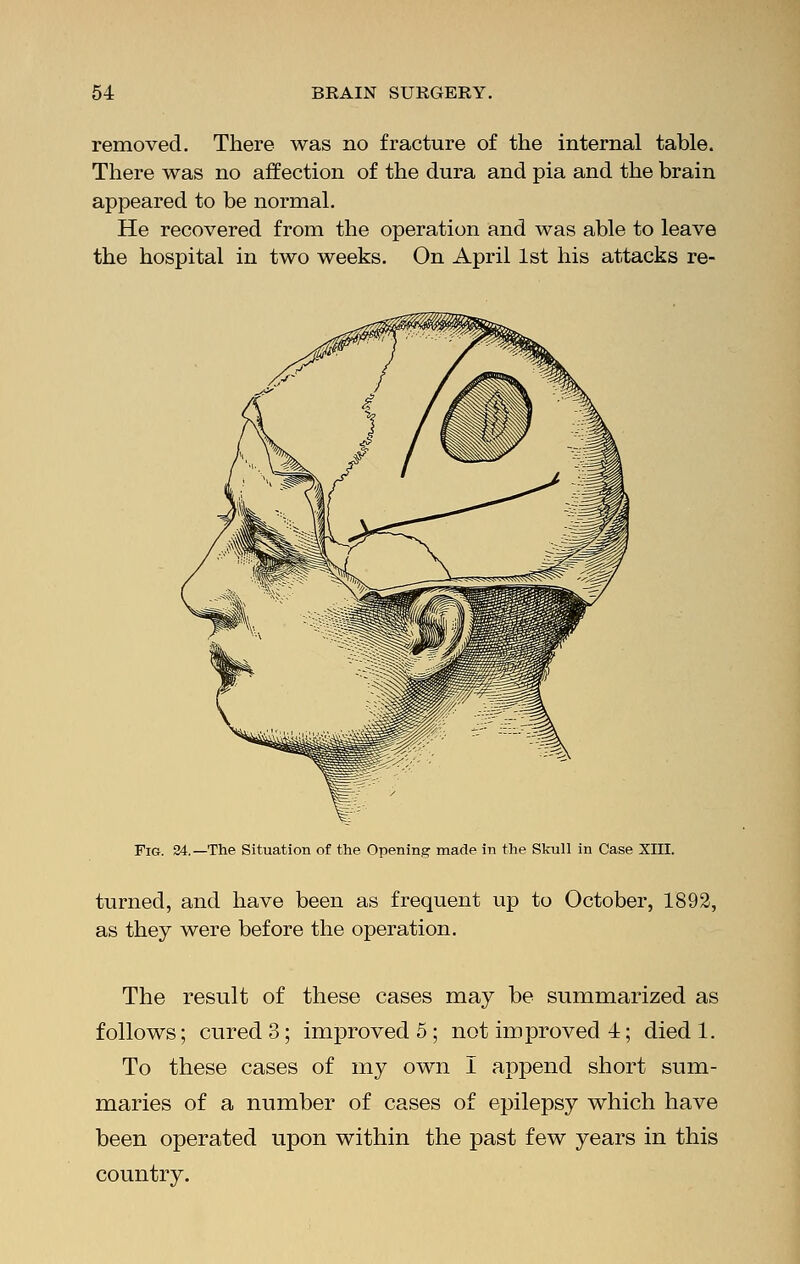 removed. There was no fracture of the internal table. There was no affection of the dura and pia and the brain appeared to be normal. He recovered from the operation and was able to leave the hospital in two weeks. On April 1st his attacks re- Fig. 24.—The Situation of the Opening made in the Skull in Case XIII. turned, and have been as frequent up to October, 1892, as they were before the operation. The result of these cases may be summarized as follows; cured 3; improved 5 ; not improved 4; died 1. To these cases of my own I append short sum- maries of a number of cases of epilepsy which have been operated upon within the past few years in this country.