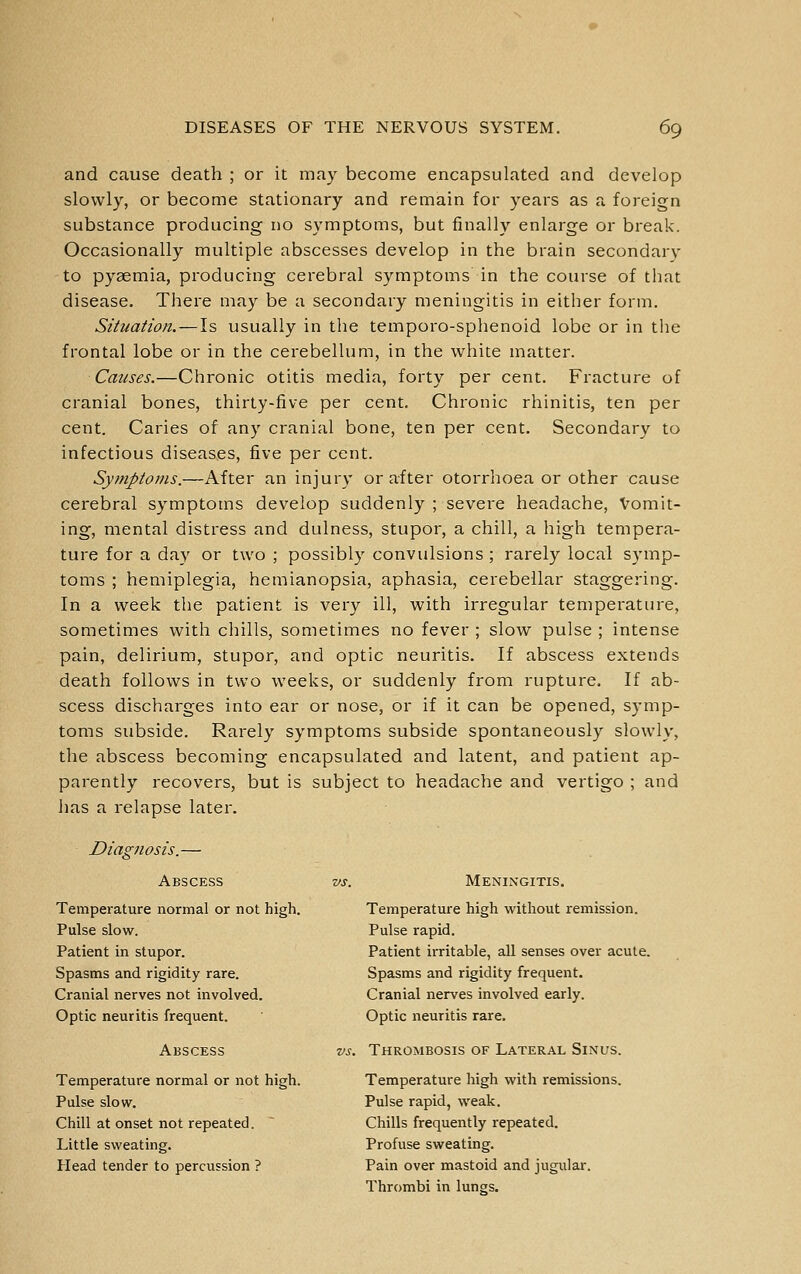 and cause death ; or it may become encapsulated and develop slowly, or become stationary and remain for years as a foreign substance producing no symptoms, but finally enlarge or break. Occasionally multiple abscesses develop in the brain secondary to pyaemia, producing cerebral symptoms in the course of that disease. There may be a secondary meningitis in either form. Situation.—Is usually in the temporo-sphenoid lobe or in the frontal lobe or in the cerebellum, in the white matter. Causes.—Chronic otitis media, forty per cent. Fracture of cranial bones, thirty-five per cent. Chronic rhinitis, ten per cent. Caries of any cranial bone, ten per cent. Secondary to infectious diseases, five per cent. Symptoms.—After an injury or after otorrhoea or other cause cerebral symptoms develop suddenly ; severe headache. Vomit- ing, mental distress and dulness, stupor, a chill, a high tempera- ture for a day or two ; possibly convulsions ; rarely local symp- toms ; hemiplegia, hemianopsia, aphasia, cerebellar staggering. In a week the patient is very ill, with irregular temperature, sometimes with chills, sometimes no fever ; slow pulse ; intense pain, delirium, stupor, and optic neuritis. If abscess extends death follows in two weeks, or suddenly from rupture. If ab- scess discharges into ear or nose, or if it can be opened, symp- toms subside. Rarely symptoms subside spontaneously slowly, the abscess becoming encapsulated and latent, and patient ap- parently recovers, but is subject to headache and vertigo ; and has a relapse later. Diagnosis.— Abscess vs. Meningitis. Temperature normal or not high. Temperature high without remission. Pulse slow. Pulse rapid. Patient in stupor. Patient irritable, all senses over acute. Spasms and rigidity rare. Spasms and rigidity frequent. Cranial nerves not involved. Cranial nerves involved early. Optic neuritis frequent. Optic neuritis rare. Abscess vs. Thrombosis of Lateral Sinus. Temperature normal or not high. Temperature high with remissions. Pulse slow. Pulse rapid, weak. Chill at onset not repeated. ~ Chills frequently repeated. Little sweating. Profuse sweating. Head tender to percussion ? Pain over mastoid and jugular. Thrombi in lungs.