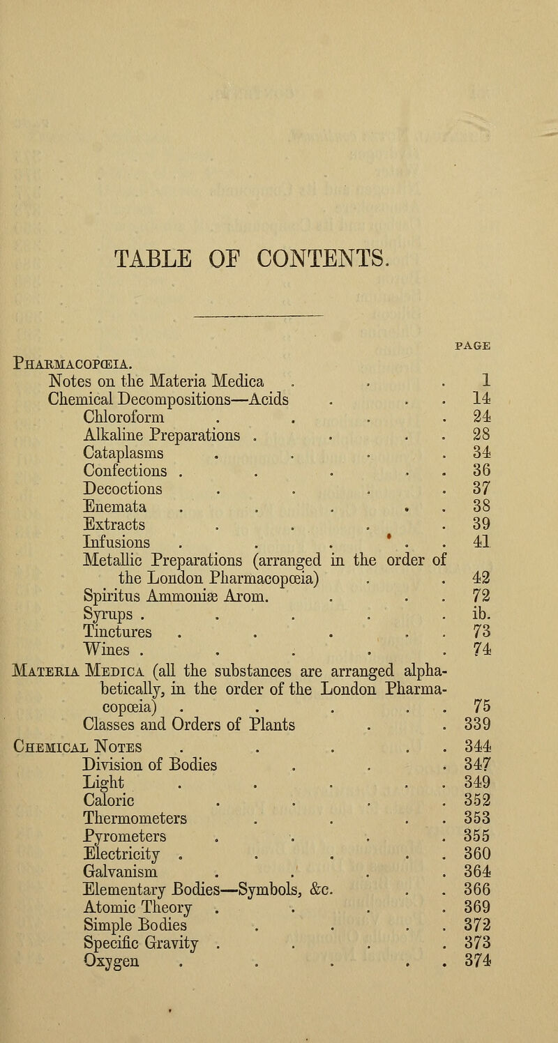 TABLE OF CONTENTS. PAGE Phakmacopceia. Notes on the Materia Medica 1 Chemical Decompositions—Acids U Chloroform 24 Alkaline Preparations . 28 Cataplasms U Confections .... 36 Decoctions 37 Enemata .... 38 Extracts 39 Infusions . . . * . 41 Metallic Preparations (arranged in the order ol the London Pharmacopoeia) 42 Spiritus Ammonise Arom. 72 Syrups .... ib. Tinctures .... 73 Wines .... 74 Materia Medica (all the substances are arranged alpha betically, in the order of the London Pharma copoeia) .... 75 Classes and Orders of Plants 339 Chemical Notes .... 344 Division of Bodies 347 Light .... Caloric 349 3.52 Thermometers 353 Pyrometers 355 Electricity .... 360 Galvanism 364 Elementary Bodies—Symbols, &c. 366 Atomic Theory . . 369 Simple Bodies 372 Specific Gravity . 373 Oxygen .... . 374
