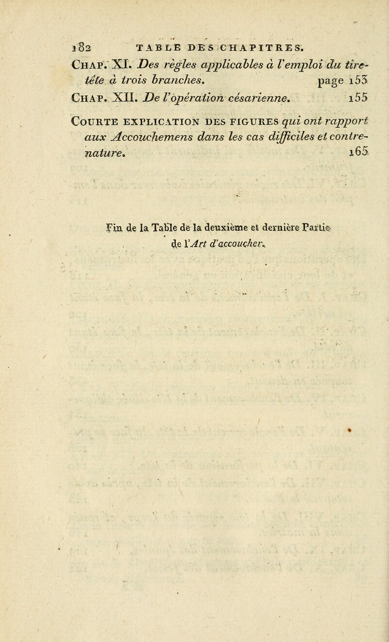 Chap. XI. Des règles applicables à Vemploi du tire- tête à trois branches. Page *55 Chap. XII. De l'opération césarienne, i55 Courte explication des figures qui ont rapport aux Accouchemens dans les cas difficiles et contre- nature, i65 Fin, de la TaBle de la deuxième et dernière Partie d,e XArt d'accoucher«.