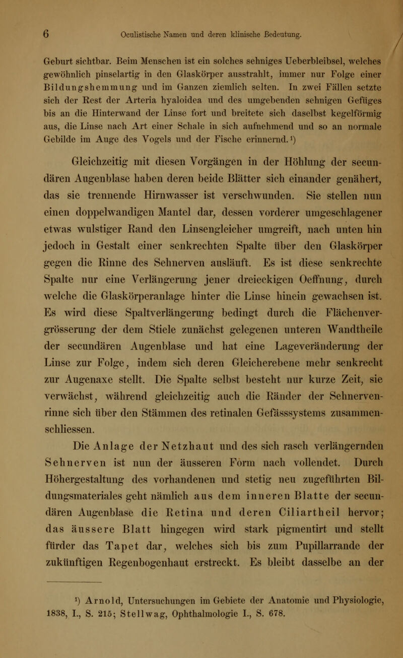 Geburt sichtbar. Beim Menschen ist ein solches sehniges Ueberbleibsel, welches gewöhnlich pinselartig in den Glaskörper ausstrahlt, immer nur Folge einer Bildungshemmung und im Ganzen ziemlich selten. In zwei Fällen setzte sich der Rest der Arteria hyaloidea und des umgebenden sehnigen Gefüges bis an die Hinterwand der Linse fort und breitete sich daselbst kegelförmig aus, die Linse nach Art einer Schale in sich aufnehmend und so an normale Gebilde im Auge des Vogels und der Fische erinnernd.1) Gleichzeitig mit diesen Vorgängen in der Höhlung der sekun- dären Augenblase haben deren beide Blätter sich einander genähert, das sie trennende Hirnwasser ist verschwunden. Sie stellen nun einen doppelwandigen Mantel dar, dessen vorderer umgeschlagener etwas wulstiger Rand den Linsengleicher umgreift, nach unten hin jedoch in Gestalt einer senkrechten Spalte über den Glaskörper gegen die Kinne des Sehnerven ausläuft. Es ist diese senkrechte Spalte nur eine Verlängerung jener dreieckigen Oeffnung, durch welche die Glaskörperanlage hinter die Linse hinein gewachsen ist. Es wird diese Spaltverlängerung bedingt durch die Flächenver- grösserung der dem Stiele zunächst gelegenen unteren Wandtheile der secundären Augenblase und hat eine Lageveränderung der Linse zur Folge, indem sich deren Gleicherebene mehr senkrecht zur Augenaxe stellt. Die Spalte selbst besteht nur kurze Zeit, sie verwächst, während gleichzeitig auch die Bänder der Sehnerven- rinne sich über den Stämmen des retinalen Gefässsystems zusammen- schliessen. Die Anlage der Netzhaut und des sich rasch verlängernden Sehnerven ist nun der äusseren Form nach vollendet. Durch Höhergestaltung des vorhandenen und stetig neu zugeführten Bil- dungsmateriales geht nämlich aus dem inneren Blatte der secun- dären Augenblase die Ketina und deren Ciliartheil hervor; das äussere Blatt hingegen wird stark pigmentirt und stellt fürder das Tapet dar, welches sich bis zum Pupillarrande der zukünftigen Regenbogenhaut erstreckt. Es bleibt dasselbe an der *) Arnold, Untersuchungen im Gebiete der Anatomie und Physiologie, 1838, L, S. 215; Stellwag, Ophthalmologie I., S. 678.