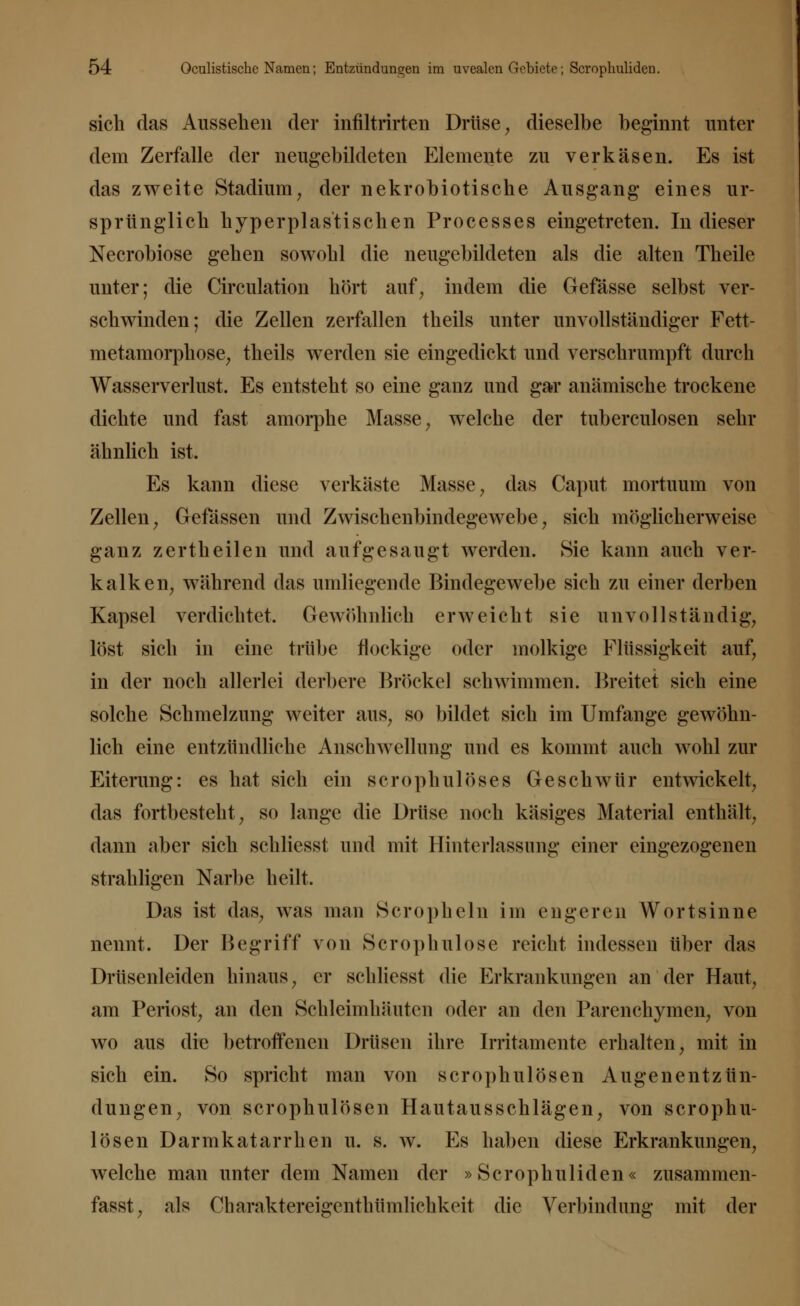 sich das Aussehen der infiltrirten Drüse, dieselbe beginnt unter dem Zerfalle der neugebildeten Elemente zu verkäsen. Es ist das zweite Stadium, der nekrobiotische Ausgang eines ur- sprünglich hyperplastischen Processes eingetreten. In dieser Necrobiose gehen sowohl die neugebildeten als die alten Theile unter; die Circulation hört auf, indem die Gefässe selbst ver- schwinden; die Zellen zerfallen theils unter unvollständiger Fett- metamorphose, theils werden sie eingedickt und verschrumpft durch Wasserverlust. Es entsteht so eine ganz und gar anämische trockene dichte und fast amorphe Masse, welche der tuberculosen sehr ähnlich ist. Es kann diese verkäste Masse, das Caput mortuum von Zellen, Gelassen und Zwischenbindegewebe, sich möglicherweise ganz zertheilen und aufgesaugt werden. Sie kann auch ver- kalken, während das umliegende Bindegewebe sich zu einer derben Kapsel verdichtet. Gewöhnlich erweicht sie unvollständig, löst sich in eine trübe flockige oder molkige Flüssigkeit auf, in der noch allerlei derbere Bröckel schwimmen. Breitet sich eine solche Schmelzung weiter aus, so bildet sich im Umfange gewöhn- lich eine entzündliehe Anschwellung und es kommt auch wohl zur Eiterung: es hat sich ein scrophuloses Geschwür entwickelt, das fortbesteht, so lange die Drüse noch käsiges Material enthält, dann aber sich sekliesst und mit Hinterlassung einer eingezogenen strahligen Narbe heilt. Das ist das, was man Scropheln im engeren Wortsinne nennt. Der Begriff von Scrophulose reicht indessen über das Drüsenleiden hinaus, er schliesst die Erkrankungen an der Haut, am Periost, an den Schleimhäuten oder an den Parenehymen, von wo aus die betroffenen Drüsen ihre Irritamente erhalten, mit in sich ein. So spricht man von scrophu lösen Augenentzün- dungen, von scrophulösen Hautausschlägen, von scrophu- lösen Darmkatarrhen u. s. w. Es haben diese Erkrankungen, welche man unter dem Namen der »Scrophuliden« zusammen- fasst, als Oharaktereigcnthümliclikeit die Verbindung mit der