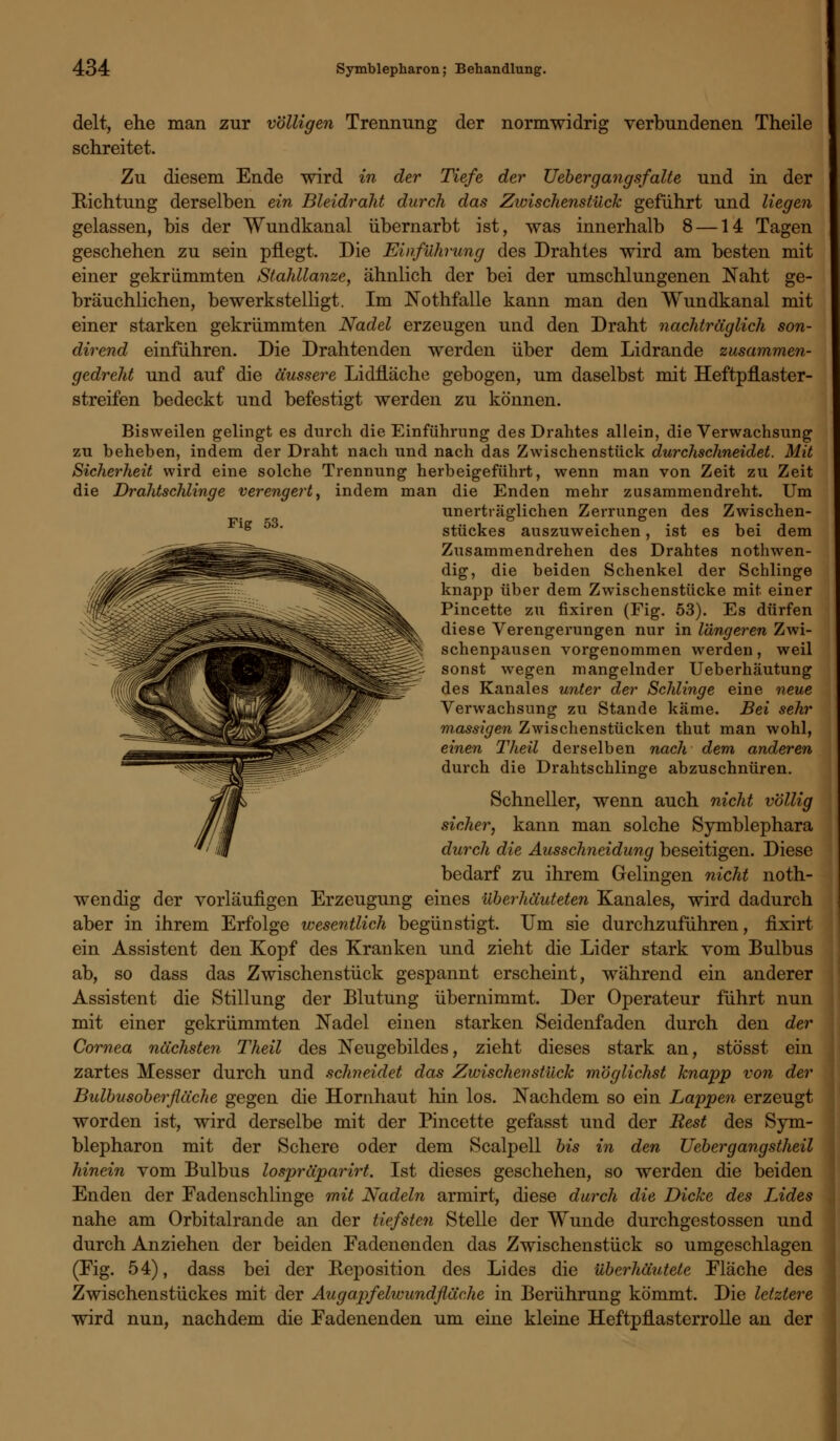 Fig 53. delt, ehe man zur völligen Trennung der normwidrig verbundenen Theile schreitet. Zu diesem Ende wird in der Tiefe der Uebergangsfalte und in der Richtung derselben ein Bleidraht durch das Zwischenstück geführt und liegen gelassen, bis der Wundkanal übernarbt ist, was innerhalb 8 —14 Tagen geschehen zu sein pflegt. Die Einführung des Drahtes wird am besten mit einer gekrümmten Stahllanze, ähnlich der bei der umschlungenen Naht ge- bräuchlichen, bewerkstelligt. Im Nothfalle kann man den Wundkanal mit einer starken gekrümmten Nadel erzeugen und den Draht nachträglich son- dirend einführen. Die Drahtenden werden über dem Lidrande zusammen- gedreht und auf die äussere Lidfläche gebogen, um daselbst mit Heftpflaster- streifen bedeckt und befestigt werden zu können. Bisweilen gelingt es durch die Einführung des Drahtes allein, die Verwachsung zu beheben, indem der Draht nach und nach das Zwischenstück durchschneidet. Mit Sicherheit wird eine solche Trennung herbeigeführt, wenn man von Zeit zu Zeit die Drahtschlinge verengert, indem man die Enden mehr zusammendreht. Um unerträglichen Zerrungen des Zwischen- stückes auszuweichen, ist es bei dem Zusammendrehen des Drahtes nothwen- dig, die beiden Schenkel der Schlinge knapp über dem Zwischenstücke mit einer Pincette zu fixiren (Fig. 53). Es dürfen diese Verengerungen nur in längeren Zwi- schenpausen vorgenommen werden, weil sonst wegen mangelnder Ueberhäutung des Kanales unter der Schlinge eine neue Verwachsung zu Stande käme. Bei sehr massigen Zwischenstücken thut man wohl, einen Theil derselben nach dem anderen durch die Drahtschlinge abzuschnüren. Schneller, wenn auch nicht völlig sicher, kann man solche Symblephara durch die Ausschneidung beseitigen. Diese bedarf zu ihrem Gelingen nicht noth- wendig der vorläufigen Erzeugung eines überhäuteten Kanales, wird dadurch aber in ihrem Erfolge wesentlich begünstigt. Um sie durchzuführen, fixirt ein Assistent den Kopf des Kranken und zieht die Lider stark vom Bulbus ab, so dass das Zwischenstück gespannt erscheint, während ein anderer Assistent die Stillung der Blutung übernimmt. Der Operateur führt nun mit einer gekrümmten Nadel einen starken Seidenfaden durch den der Cornea nächsten Theil des Neugebildes, zieht dieses stark an, stösst ein zartes Messer durch und schneidet das Zwischenstück möglichst knapp von der Bulbusoberfläche gegen die Hornhaut hin los. Nachdem so ein Lappen erzeugt worden ist, wird derselbe mit der Pincette gefasst und der Rest des Sym- blepharon mit der Schere oder dem Scalpell bis in den Uebergangstheil hinein vom Bulbus lospräparirt. Ist dieses geschehen, so werden die beiden Enden der Eadenschlinge mit Nadeln armirt, diese durch die Dicke des Lides nahe am Orbitalrande an der tiefsten Stelle der Wunde durchgestossen und durch Anziehen der beiden Fadenenden das Zwischenstück so umgeschlagen (Fig. 54), dass bei der Reposition des Lides die überhäutete Fläche des Zwischenstückes mit der Augapfelwundfläche in Berührung kömmt. Die letztere wird nun, nachdem die Fadenenden um eine kleine Heftpflasterrolle an der