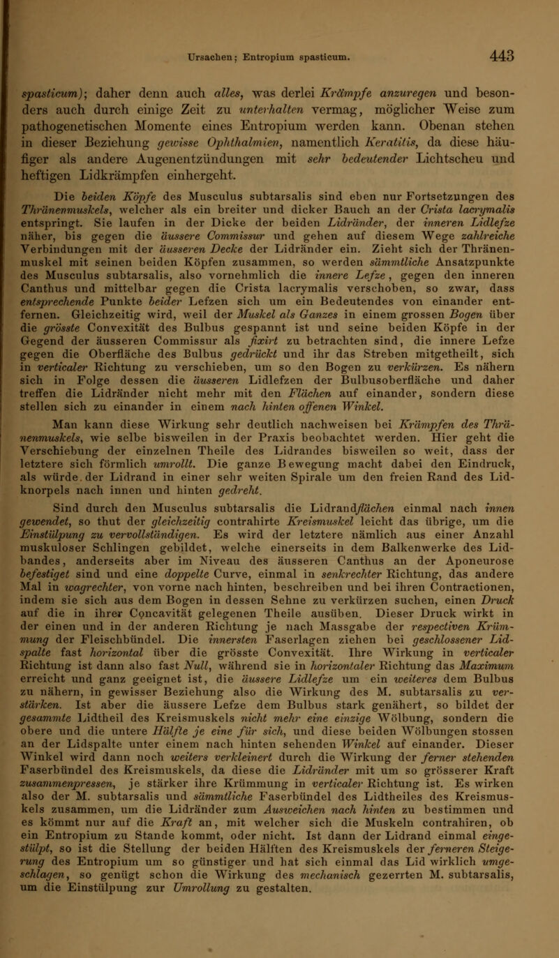 Ursachen; Entropium spasticum. 44o spasticum); daher denn auch alles, was derlei Krämpfe anzuregen und beson- ders auch durch einige Zeit zu unterhalten vermag, möglicher Weise zum pathogenetischen Momente eines Entropium werden kann. Obenan stehen in dieser Beziehung geivisse Ophthalmien, namentlich Keratitis, da diese häu- figer als andere Augenentzündungen mit sehr bedeutender Lichtscheu und heftigen Lidkrämpfen einhergeht. Die beiden Köpfe des Musculus subtarsalis sind eben nur Fortsetzungen des Thränenmuskels, welcher als ein breiter und dicker Bauch an der Crista lacrymalis entspringt. Sie laufen in der Dicke der beiden Lidränder, der inneren Lidlefze näher, bis gegen die äussere Commissur und gehen auf diesem Wege zahlreiche Verbindungen mit der äusseren Decke der Lidränder ein. Zieht sich der Thränen- muskel mit seinen beiden Köpfen zusammen, so werden sämmtliche Ansatzpunkte des Musculus subtarsalis, also vornehmlich die innere Lefze, gegen den inneren Canthus und mittelbar gegen die Crista lacrymalis verschoben, so zwar, dass entsprechende Punkte beider Lefzen sich um ein Bedeutendes von einander ent- fernen. Gleichzeitig wird, weil der Muskel als Ganzes in einem grossen Bogen über die grösste Convexität des Bulbus gespannt ist und seine beiden Köpfe in der Gegend der äusseren Commissur als fixirt zu betrachten sind, die innere Lefze gegen die Oberfläche des Bulbus gedrückt und ihr das Streben mitgetheilt, sich in verticaler Richtung zu verschieben, um so den Bogen zu verkürzen. Es nähern sich in Folge dessen die äusseren Lidlefzen der Bulbusoberfläche und daher treffen die Lidränder nicht mehr mit den Flächen auf einander, sondern diese stellen sich zu einander in einem nach hinten offenen Winkel. Man kann diese Wirkung sehr deutlich nachweisen bei Krämpfen des Thrä- nenmuskels, wie selbe bisweilen in der Praxis beobachtet werden. Hier geht die Verschiebung der einzelnen Theile des Lidrandes bisweilen so weit, dass der letztere sich förmlich umrollt. Die ganze Bewegung macht dabei den Eindruck, als würde, der Lidrand in einer sehr weiten Spirale um den freien Rand des Lid- knorpels nach innen und hinten gedreht. Sind durch den Musculus subtarsalis die l*idrEndflächen einmal nach innen gewendet, so thut der gleichzeitig contrahirte Kreismuskel leicht das übrige, um die Einstülpung zu vervollständigen. Es wird der letztere nämlich aus einer Anzahl muskulöser Schlingen gebildet, welche einerseits in dem Balkenwerke des Lid- bandes , anderseits aber im Niveau des äusseren Canthus an der Aponeurose befestiget sind und eine doppelte Curve, einmal in senkrechter Richtung, das andere Mal in wagrechter, von vorne nach hinten, beschreiben und bei ihren Contractionen, indem sie sich aus dem Bogen in dessen Sehne zu verkürzen suchen, einen Druck auf die in ihrer Concavität gelegenen Theile ausüben. Dieser Druck wirkt in der einen und in der anderen Richtung je nach Massgabe der respectiven Krüm- mung der Fleischbündel. Die innersten Faserlagen ziehen bei geschlossener Lid- spalte fast horizontal über die grösste Convexität. Ihre Wirkung in verticaler Richtung ist dann also fast Null, während sie in horizontaler Richtung das Maximum erreicht und ganz geeignet ist, die äussere Lidlefze um ein weiteres dem Bulbus zu nähern, in gewisser Beziehung also die Wirkung des M. subtarsalis zu ver- stärken. Ist aber die äussere Lefze dem Bulbus stark genähert, so bildet der gesummte Lidtheil des Kreismuskels nicht mehr eine einzige Wölbung, sondern die obere und die untere Hälfte je eine für sich, und diese beiden Wölbungen stossen an der Lidspalte unter einem nach hinten sehenden Winkel auf einander. Dieser Winkel wird dann noch weiters verkleinert durch die Wirkung der ferner stehenden Faserbündel des Kreismuskels, da diese die Lidränder mit um so grösserer Kraft zusammenpressen, je stärker ihre Krümmung in verticaler Richtung ist. Es wirken also der M. subtarsalis und sämmtliche Faserbündel des Lidtheiles des Kreismus- kels zusammen, um die Lidränder zum Ausweichen nach hinten zu bestimmen und es kömmt nur auf die Kraft an, mit welcher sich die Muskeln contrahiren, ob ein Entropium zu Stande kommt, oder nicht. Ist dann der Lidrand einmal einge- stülpt, so ist die Stellung der beiden Hälften des Kreismuskels der ferneren Steige- rung des Entropium um so günstiger und hat sich einmal das Lid wirklich umge- schlagen, so genügt schon die Wirkung des mechanisch gezerrten M. subtarsalis, um die Einstülpung zur Umrollung zu gestalten.