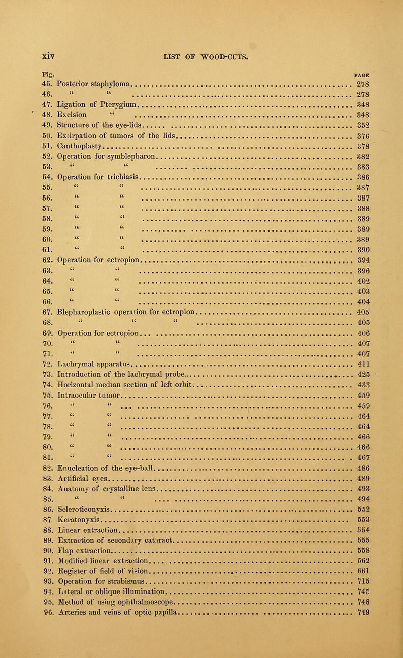 Fig. PAGE 45. Posterior staphyloma 278 46.   278 47. Ligation of Pterygium 348 48. Excision  348 49. Structure of the eye-lids 352 50. Extirpation of tumors of the lids 370 51. Canthoplasty 378 52. Operation for symblepharon 382 53.   383 54. Operation for trichiasis 386 55.   387 56.   387 57.   388 58.   389 59.   „ 389 60.   389 61.   390 62. Operation for ectropion 394 63.   396 64.   402 65.   403 66.   404 67. Blepharoplastic operation for ectropion 405 68.    405 69. Operation for ectropion 406 70.   407 71.   407 72. lachrymal apparatus 411 73. Introduction of the lachrymal probe 425 74. Horizontal median section of left orbit 433 75. Intraocular tumor 459 76.   459 77.   464 78.   464 79.   466 80.   466 81.   ., 467 82. Enucleation of the eye-ball 486 83. Artificial eyes 489 84. Anatomy of crystalline lens 493 85.   494 86. Scleroticonyxis 552 87. Keratonyxis 553 88. Linear extraction 554 89. Extraction of secondary cataract 555 90. Flap extraction 558 91. Modified linear extraction 562 92. Register of field of vision 661 93. Operation for strabismus , 715 94. Lateral or oblique illumination 745 95. Method of using ophthalmoscope 748 96. Arteries and veins of optic papilla 749