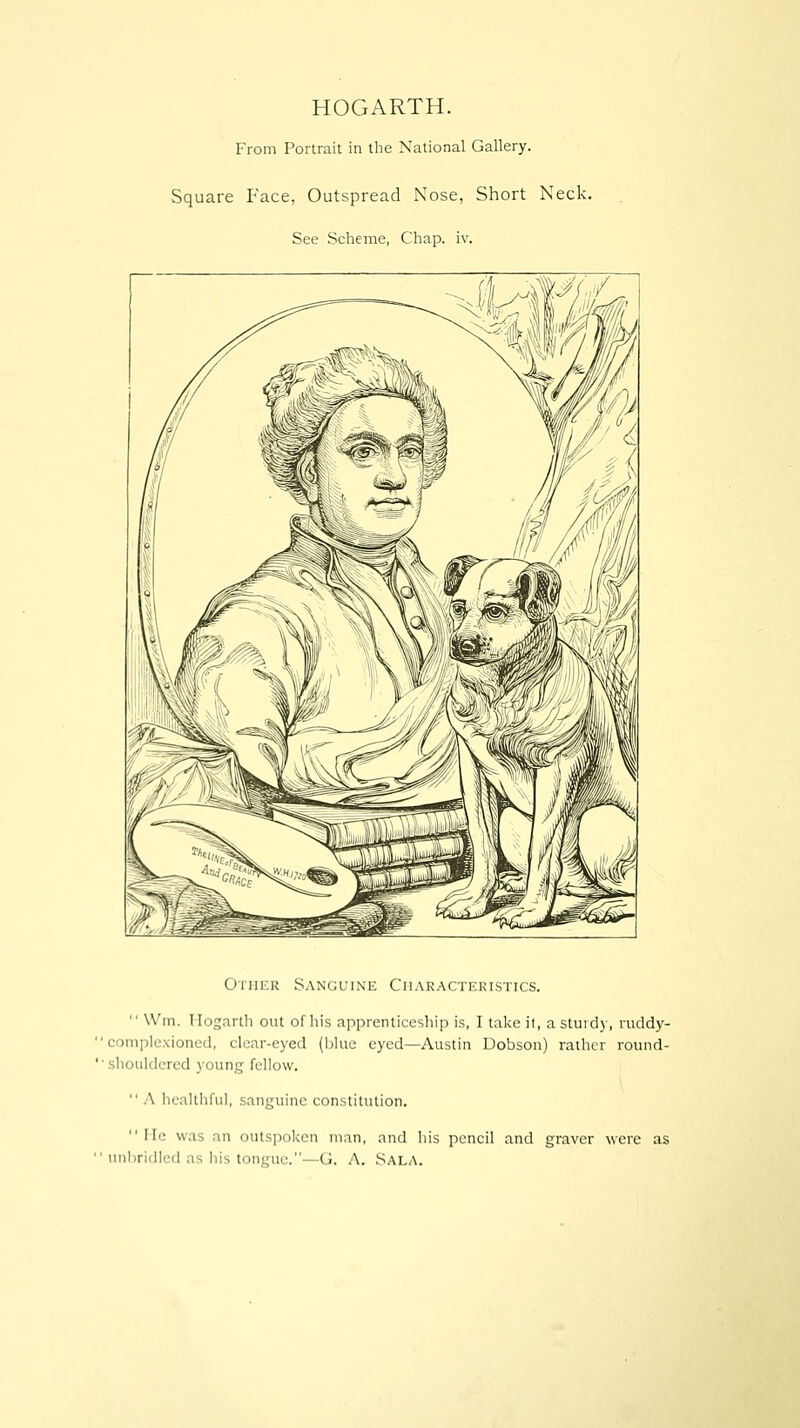 HOGARTH. From Portrait in the National Gallery. Square Face, Outspread Nose, Short Neck. See Scheme, Chap. iv. Other Sanguine Cii.\r.-\cteri,stics.  Win. Hogarth out of his apprenticeship is, I take it, a stuid_\, ruddy- ' comple.\ioned, clear-eyed (blue eyed—Austin Dobson) rather round- • shouldered young fellow.  A hcaltliful, sanguine constitution. lie was an outspoken man, and his pencil and graver were as ' unbridled as his tongue.—G. A. Sala.