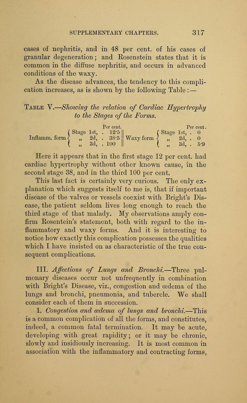 Per cent I Stage 1st, . 12-5 nflamm. form < » 2d, . 38-5 1 > „ 3d, . 100 SUPPLEMENTARY CHAPTERS. 317 cases of nephritis, and in 48 per cent, of his cases of granular degeneration; and Eosenstein states that it is common in the diffuse nephritis, and occurs in advanced conditions of the waxy. As the disease advances, the tendency to this compli- cation increases, as is shown by the following Table :— Table V.—Shoiving the relation of Cardiac Hypertrophy to the Stages of the Forms. Per cent. ( Stage 1st, . 0 Waxy form < „ 2d, . 0 [ „ 3d, . 5-9 Here it appears that in the first stage 12 per cent, had cardiac hypertrophy without other known cause, in the second stage 38, and in the third 100 per cent. This last fact is certainly very curious. The only ex- planation which suggests itself to me is, that if important disease of the valves or vessels coexist with Bright's Dis- ease, the patient seldom lives long enough to reach the third stage of that malady. My observations amply con- firm Eosentein's statement, both with regard to the in- flammatory and waxy forms. And it is interesting to notice how exactly this complication possesses the qualities which I have insisted on as characteristic of the true con- sequent complications. III. Affections of Lungs and Bronchi.—Three pul- monary diseases occur not unfrequently in combination with Bright's Disease, viz., congestion and oedema of the lungs and bronchi, pneumonia, and tubercle. We shall consider each of them in succession. 1. Congestion and ozdema of lungs and bronchi.—This is a common complication of all the forms, and constitutes, indeed, a common fatal termination. It may be acute, developing with great rapidity; or it may be chronic, slowly and insidiously increasing. It is most common in association with the inflammatory and contracting forms,