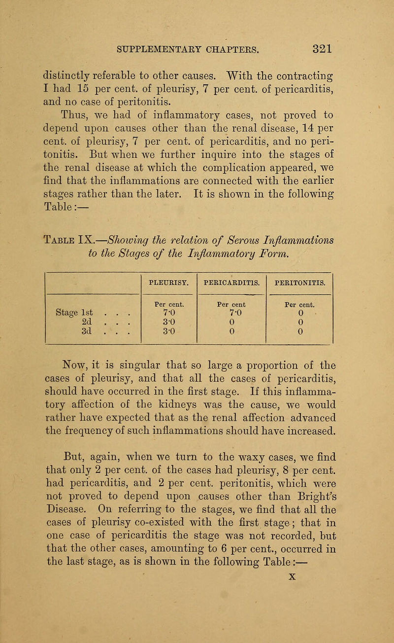 distinctly referable to other causes. With the contracting I had 15 per cent, of pleurisy, 7 per cent, of pericarditis, and no case of peritonitis. Thus, we had of inflammatory cases, not proved to depend upon causes other than the renal disease, 14 per cent, of pleurisy, 7 per cent, of pericarditis, and no peri- tonitis. But when we further inquire into the stages of the renal disease at which the complication appeared, we find that the inflammations are connected with the earlier stages rather than the later. It is shown in the following Table :— Table IX.—Showing the relation of Serous Inflammations to the Stages of the Inflammatory Form. PLEURISY. PERICARDITIS. PERITONITIS. Stage 1st ... 2d ... 3d ... Per cent. 7-0 3-0 3-0 Per cent 7-0 0 0 Per cent. 0 0 0 Now, it is singular that so large a proportion of the cases of pleurisy, and that all the cases of pericarditis, should have occurred in the first stage. If this inflamma- tory affection of the kidneys was the cause, we would rather have expected that as the renal affection advanced the frequency of such inflammations should have increased. But, again, when we turn to the waxy cases, we find that only 2 per cent, of the cases had pleurisy, 8 per cent, had pericarditis, and 2 per cent, peritonitis, which were not proved to depend upon causes other than Bright's Disease. On referring to the stages, we find that all the cases of pleurisy co-existed with the first stage; that in one case of pericarditis the stage was not recorded, but that the other cases, amounting to 6 per cent., occurred in the last stage, as is shown in the following Table:— x
