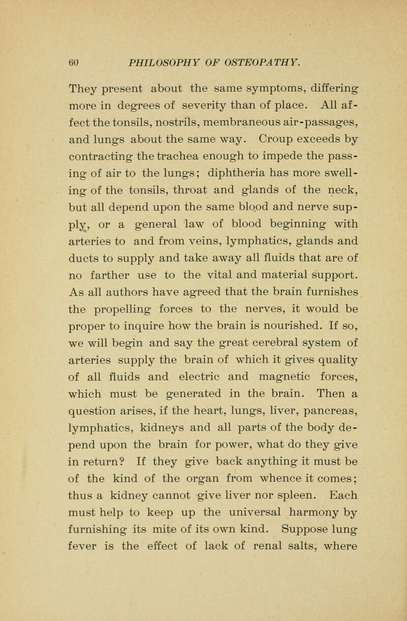 They present about the same symptoms, differing more in degrees of severity than of place. All af- fect the tonsils, nostrils, membraneous air-passages, and lungs about the same way. Croup exceeds by contracting the trachea enough to impede the pass- ing of air to the lungs; diphtheria has more swell- ing of the tonsils, throat and glands of the neck, but all depend upon the same blood and nerve sup- ply, or a general law of blood beginning with arteries to and from veins, lymphatics, glands and ducts to supply and take away all fluids that are of no farther use to the vital and material support. As all authors have agreed that the brain furnishes the propelling forces to the nerves, it would be proper to inquire how the brain is nourished. If so, we will begin and say the great cerebral system of arteries supply the brain of which it gives quality of all fluids and electric and magnetic forces, which must be generated in the brain. Then a question arises, if the heart, lungs, liver, pancreas, lymphatics, kidneys and all parts of the body de- pend upon the brain for power, what do they give in return? If they give back anything it must be of the kind of the organ from whence it comes; thus a kidney cannot give liver nor spleen. Each must help to keep up the universal harmony by furnishing its mite of its own kind. Suppose lung fever is the effect of lack of renal salts, where