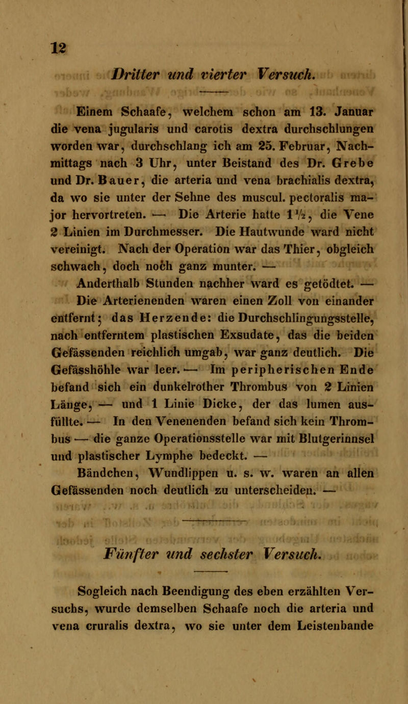 Dritter und vierter Versuck. Einem Schaafe, welchem schon am 13. Januar die Vena jugularis und carotis dextra durchschlungen worden war, durchschlang ich am 25. Februar, Nach- mittags nach 3 Uhr, unter Beistand des Dr. Grebe und Dr. Bauer, die arteria und vena brachialis dextra, da wo sie unter der Sehne des muscul. pectoralis ma- jor hervortreten. -— Die Arterie hatte IV2, die Vene 2 Linien im Durchmesser. Die Hautwunde ward nicht vereinigt. Nach der Operation war das Thier, obgleich schwach, doch noch ganz munter. — Anderthalb Stunden nachher ward es getödtet. — Die Arterienenden waren einen Zoll von einander entfernt 5 das Herzende: die Durchschlingungsstelle, nach entferntem plastischen Exsudate, das die beiden Gefässenden reichlich umgab, war ganz deutlich. Die Gefässhöhle war leer.-— Im peripherischen Ende befand sich ein dunkelrother Thrombus von 2 Linien Länge, — und 1 Linie Dicke, der das lumen aus- füllte. — In den Venenenden befand sich kein Throm- bus — die ganze Operationsstelle war mit Blutgerinnsel und plastischer Lymphe bedeckt. — Bändchen, Wundlippen u. s. w. waren an allen Gefässenden noch deutlich zu unterscheiden. — Fünfter und sechster Versuch, Sogleich nach Beendigung des eben erzählten Ver- suchs, wurde demselben Schaafe noch die arteria und vena cruralis dextra, wo sie unter dem Leistenbande