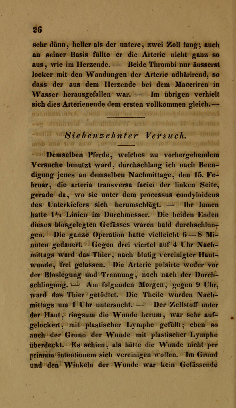 sehr dünn, heller als der untere, zwei Zoll lang; auch an seiner Basis füllte er die Arterie nicht ganz so aus, wie im Herzende. — Beide Thrombi nur äusserst locker mit den Wandungen der Arterie adhärirend, so dass der aus dem Herzende bei dem Maceriren in Wasser herausgefallen war. — Im übrigen verhielt sich dies Arterienende dem ersten vollkommen gleich.-—• Siehenzehnter Versuch. Demselben Pferde, welches zu vorhergehendem Versuche benutzt ward, durchschlang ich nach Been- digung jenes an demselben Nachmittage, den 15. Fe- bruar, die arteria transversa faciei der linken Seite, gerade da, wo sie unter dem processus condyloideus des Unterkiefers sich herumschlägt. — Ihr lumen hatte X^li Linien im Durchmesser. Die beiden Enden dieses blosgelegten Gefässes waren bald durchschlun- gen. Die ganze Operation hatte vielleicht 6 — 8 Mi- nuten oredauert. Geo:en drei viertel auf 4 Uhr Nach- mittaofs ward das Thier. nach bluti«: vereinigter Haut- wunde, frei gelassen. Die Arterie pulsirte weder vor der Bloslegung und Trennung, noch nach der Durch- schlingung. •— Am folgenden Morgen^ gegen 9 Uhr, ward das Thier getödtet. Die Theile wurden Nach- mittages um 1 Uhr untersucht. — Der Zellstoff unter Aet Haut, ringsum die Wunde herum, war sehr auf- gelockert, mife plastischer Lymphe gefüllt; eben so auch der Grund der Wunde mit plastischer Lymphe überdeckt. Es schien, als hä(te die Wunde nicht per priniam intentionem sieh vereinigen wollen. Im Grund und den Winkeln der Wunde war kein Gefässcnde