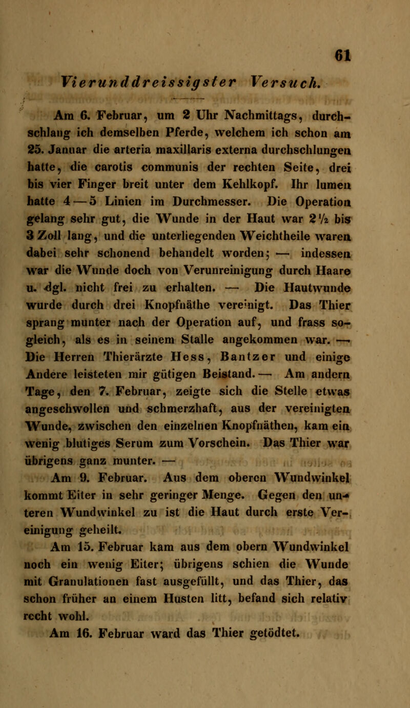 Vierunddreissigster Ve r stich. Am 6, Februar, um 2 Uhr Nachmittags, durch- schlang ich demselben Pferde, welchem ich schon am 25. Januar die arteria maxillaris externa durchschlungea hatte, die carotis communis der rechten Seite, drei bis vier Finger breit unter dem Kehlkopf. Ihr lumeu hatte 4 — 5 Linien im Durchmesser. Die Operation gfelang sehr gut, die Wunde in der Haut war 2V2 bis 3 Zoll laug, und die unterliegenden Weichtheile warea dabei sehr schonend behandelt worden; — indessen war die Wunde doch von Verunreinigung durch Haare u* -dgl. nicht frei zu erhalten. — Die Hautwunde wurde durch drei Knopfnäthe vereinigt. Das Thier sprang munter nach der Operation auf, und frass so- gleich, als es in seinem Stalle angekommen war. —' Die Herren Thierärzte Hess, Bantzer und einige Andere leisteten mir gütigen Beistand. — Am andern Tage, den 7. Februar, zeigte sich die Stelle etwas angeschwollen und schmerzhaft, aus der vereinigten Wunde, zwischen den einzelnen Knopfnätheu, kam ein wenig blutiges Serum zum Vorschein. Das Thier war übrigens ganz munter. — Am 9. Februar. Aus dem oberen Wundwinkel kommt Eiter in sehr geringer Menge. Gegen den un-« teren Wundwiukel zu ist die Haut durch erste Ver- einigung geheilt. Am 15. Februar kam aus dem obern Wundwinkel noch ein wenig Eiter; übrigens schien die Wunde mit Granulationen fast ausgefüllt, und das Thier, das schon früher an einem Husten litt, befand sich relativ recht wohl. Am 16. Februar ward das Thier getödtet.