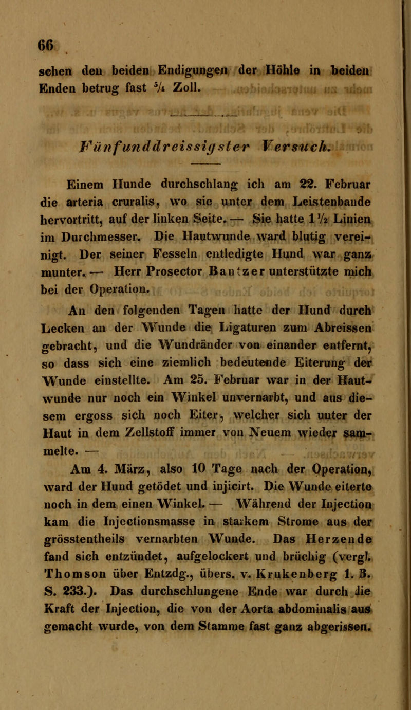 sehen deu beiden Endigungen der Höhle in beiden Enden betrug fast Vi Zoll. IFünfunddreissigster Versuch, Einem Hunde durchschlang ich am 22. Februar die arteria cruralis, wo sie unter dem Leistenbande hervortritt, auf der linken Seite. — Sie hatte 1 Vz Linien im Durchmesser. Die Hautwunde ward blutig verei- nigt. Der seiner Fesseln entledigte Hund war ganas munter.— Herr Prosector B a u t z e r unterstützte mich bei der Operation. An den folgenden Tagen hatte der Hund durch Lecken an der Wunde die Ligaturen zum Abreisten gebracht, und die Wundränder von einander entfernt, so dass sich eine ziemlich bedeutende Eiterung der Wunde einstellte. Am 25. Februar war in der Haut- wunde nur noch ein Winkel unvernarbt, und aus die- sem ergoss sich noch Eiter, welcher sich unter der Haut in dem Zellstoff immer von Neuem wieder sam- melte. — Am 4. März, also 10 Tage nach der Operation, ward der Hund getödet und injicirt. Die Wunde eiterte noch in dem einen Winkel. — Während der Injection kam die Injectionsmasse in staikem Strome aus der grösstentheils vernarbten Wunde. Das Herzende fand sich entzündet, aufgelockert und brüchig (vergJ. Thomson über Entzdg., übers, v. Kruken borg 1. B. S. 233.). Das durchschlungene Ende war durch Jie Kraft der Injection, die von der Aorta abdominalis aus gemacht wurde, von dem Stamme fast ganz abgerissen.