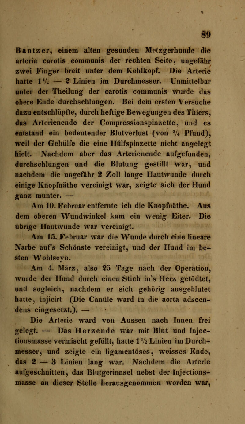 §9 Bantzer, einem alten gesunden Mefzgerhunde die ärteria carotis communis der rechten Seite, ungefähr zwei Finger breit unter dem Kehliiopf. Die Arterie hatte IVi ^—2 Linien im Durchmesser. Unmittelbar unter der Theilung der carotis communis wurde das obere Ende durchschlungen. Bei dem ersten Versuche dazu entschlüpfte, durch heftige Bewegungen des Thiers, das Arterienende der Compressionspinzettc, und es entstand ein bedeutender Blutverlust (von V4 Pfund), weil der Gehülfe die eine Hülfspinzette nicht angelegt hielt. Nachdem aber das Arterienende aufgefunden, durchschlungen und die Blutung gestillt war, und nachdem die ungefähr 2 Zoll lange Hautwunde durch einige Knopfnäthe vereinigt war, zeigte sich der Hund ganz munter. — Am 10. Februar entfernte ich die Knopfnäthe. Aus dem oberen Wundwinkel kam ein wenig Eiter. Die übrige Hautwunde war vereinigt. Am 15. Februar war die Wunde durch eine lineare Narbe aufs Schönste vereinigt, und der Hund im be- sten Wohlseyn. Am 4. März, also 25 Tage nach der Operation, wurde der Hund durch einen Stich in's Herz getödtet, und sogleich, nachdem er sich gehörig ausgeblutet hatte, injicirt (Die Canüle ward in die aorta adscen- dens eingesetzt.). — Die Arterie ward von Aussen nach Innen frei gelegt. — Das Herzende war mit Blut und Injec- tionsmasse vermischt gefüllt, hatte 1V2 Linien im Durch- messer, und zeigte ein ligamentöses, weisses Ende, das 2 — 3 Linien lanff war. Nachdem die Arteric aufgeschnitten, das Blutgerinnsel nebst der Injections- masse an dieser Stelle herausgenommen worden war,