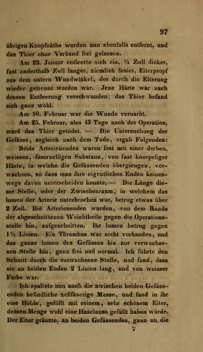übrigen Knopfnäthe wurden nun ebenfalls entfernt, und das Thier ohne Verband frei gelassen. Am 23. Januar entleerte sich ein, Vi Zoll dicker, fast anderthalb Zoll langer, ziemlich fester, Eiterpropf aus dem untern Wundwinkel, der durch die Eiterung wieder getrennt worden war. Jene Härte war nach dessen Entleerung verschwunden 5 das Thier befand sich o:anz wohl. Am 10. Februar war die Wunde vernarbt. Am 25. Februar, also 43 Tage nach der Operation, ward das Thier getödet. — Die Untersuchung der Gefässe, sogleich nach dem Tode, ergab Folgendes; Beide Artcrienenden waren fest mit einer derben, weissen, faserzelligen Substanz, von fast knorpeliger Härte, in welche die Gefässenden übergiengen, ver- wachsen, so dass man ihre eigentlichen Enden keines- weors davon unterscheiden konnte. — Die Länsre die- ser Stelle, oder der Zwischenraum, in welchem das lumen der Arterie unterbrochen war, betrug etwas über 2 Zoll. Die Arterienenden wurden, von dem Rande der abgeschnittenen AVeichtheile gegen die Operations- stelle hin, aufgeschnitten. Ihr lumen betrug gegen IV2 Linien. Ein Thrombus war nicht vorhanden, und das ganze lumen des Gefässes bis zur verwachse- nen Stelle hin, ganz frei und normal. Ich führte den Schnitt durch die verwachsene Stelle, und fand, dass sie an beiden Enden 2 Linien lang, und von weisser Farbe war. Ich spaltete nun auch die zwischen beiden Gefäss- enden befindliche zellfaserige Masse, und fand in ihr eine Höhle, gefüllt mit reinem, sehr schönem Eiter, dessen Menge wohl eine Haselnuss gefüllt haben würde. Der Eiter gräuzte, an beiden Gefässenden, ganz an» die