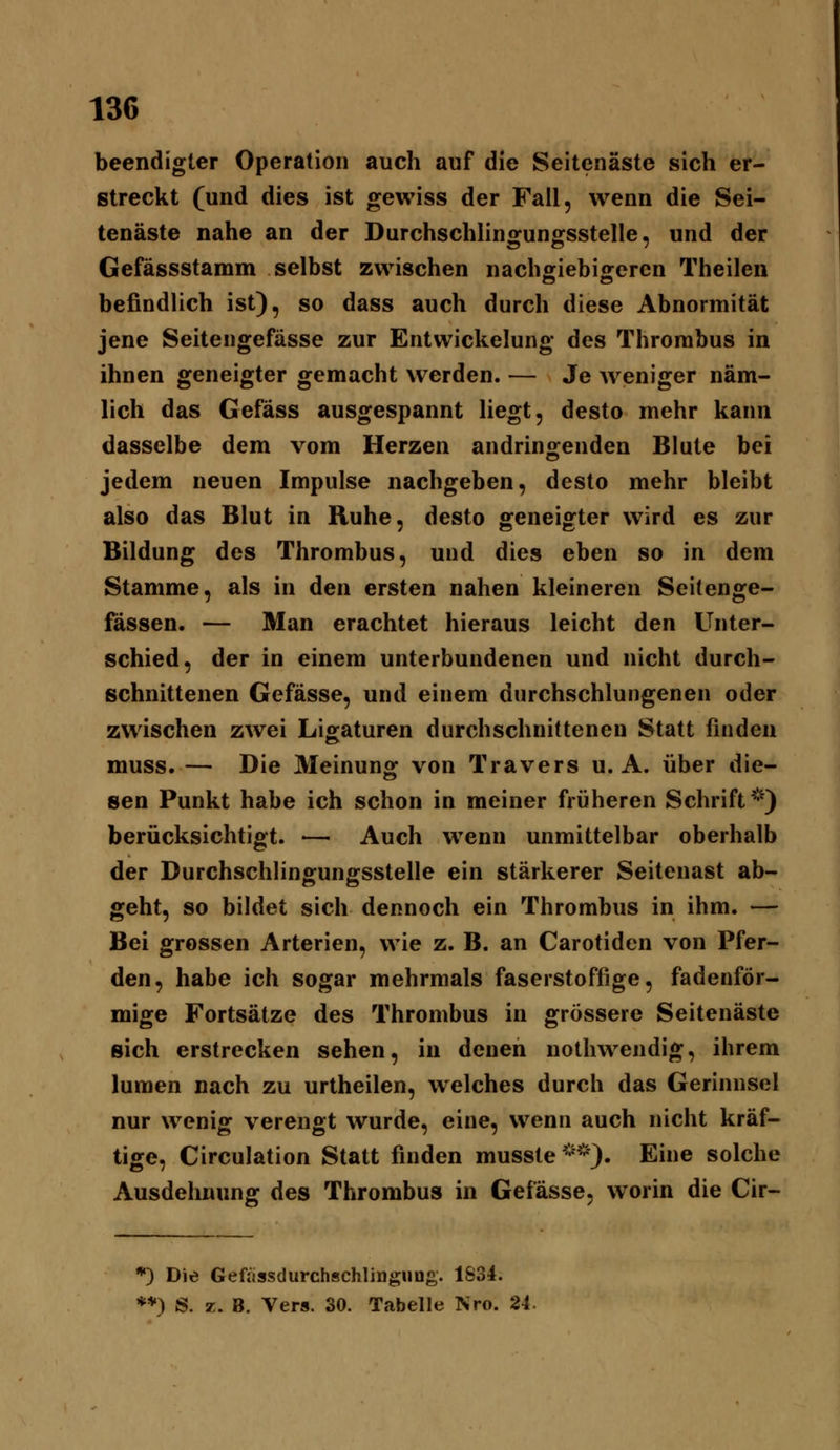 beendigter Operation auch auf die Seitenäste sich er- streckt (und dies ist gewiss der Fall, wenn die Sei- tenäste nahe an der Durchschlingungsstelle, und der Gefässstamm selbst zwischen nachgiebigeren Theilen befindlich ist), so dass auch durch diese Abnormität jene Seitengefässe zur Entwickelung des Thrombus in ihnen geneigter gemacht werden. — Je Aveniger näm- lich das Gefäss ausgespannt liegt, desto mehr kann dasselbe dem vom Herzen andringenden Blute bei jedem neuen Impulse nachgeben, desto mehr bleibt also das Blut in Ruhe, desto geneigter wird es zur Bildung des Thrombus, und dies eben so in dem Stamme, als in den ersten nahen kleineren Seitenge- fässen. — Man erachtet hieraus leicht den Unter- schied, der in einem unterbundenen und nicht durch- schnittenen Gefässe, und einem durchschlungenen oder zwischen zwei Ligaturen durchschnittenen Statt finden muss. — Die Meinung von Travers u. A. über die- sen Punkt habe ich schon in meiner früheren Schrift^') berücksichtigt. — Auch wenn unmittelbar oberhalb der Durchschlingungsstelle ein stärkerer Seitenast ab- geht, so bildet sich dennoch ein Thrombus in ihm. — Bei grossen Arterien, wie z. B. an Carotiden von Pfer- den, habe ich sogar mehrmals faserstoffige, fadenför- mige Fortsätze des Thrombus in grössere Seitenäste sich erstrecken sehen, in denen nothwendig, ihrem lumen nach zu urtheilen, welches durch das Gerinnsel nur wenig verengt wurde, eine, wenn auch nicht kräf- tige, Circulation Statt finden musste^^*). Eine solche Ausdehnung des Thrombus in Gefässe, worin die Cir- *) Die Geffissdurchschlingung. 1834. *♦) S. z. B. Vers. 30. Tabelle Nro. 24.