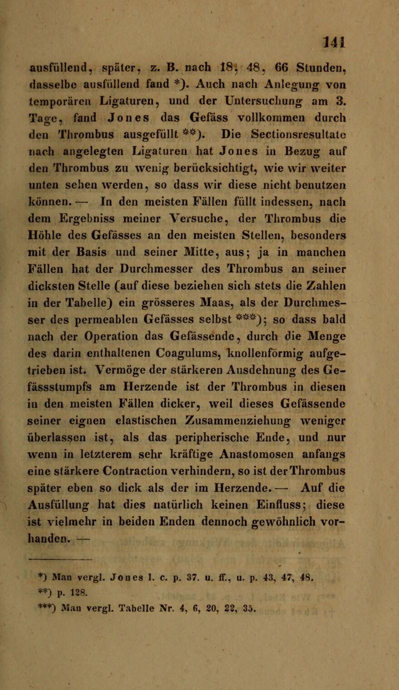 ausfüllend, später, z. B. nach 18, 48, 66 Stunden, dasselbe ausfüllend fand *}. Auch nach Anlegung von temporären Ligaturen, und der Untersuchung am 3. Tajre, fand Jones das Gefäss vollkommen durch den Thrombus ausgefüllt **J. Die Sectionsresultate nach angelegten Ligaturen hat Jones in Bezug auf den Thrombus zu wenig berücksichtigt, wie wir weiter unten sehen werden, so dass wir diese nicht benutzen können. — In den meisten Fällen füllt indessen, nach dem Ergebniss meiner Versuche, der Thrombus die Höhle des Gefässes an den meisten Stellen, besonders mit der Basis und seiner Mitte, aus; ja in manchen Fällen hat der Durchmesser des Thrombus an seiner dicksten Stelle (auf diese beziehen sich stets die Zahlen in der Tabelle) ein grösseres Maas, als der Durchmes- ser des permeablen Gefässes selbst ***) 5 so dass bald nach der Operation das Gefässende, durch die Menge des darin enthaltenen Coagulums, knollenförmig aufge- trieben ist. Vermöge der stärkeren Ausdehnung des Ge- fässstumpfs am Herzende ist der Thrombus in diesen in den meisten Fällen dicker, weil dieses Gefässende seiner eignen elastischen Zusammenziehung weniger überlassen ist, als das peripherische Ende, und nur wenn in letzterem sehr kräftige Anastomosen anfangs eine stärkere Contraction verhindern, so ist der Thrombus später eben so dick als der im Herzende. — Auf die Ausfüllung hat dies natürlich keinen Einfluss; diese ist vielmehr in beiden Enden dennoch gewöhnlich vor- handen. — *) Man vergl. Jones 1. c. p. 37. u. fF., u. p. 43, 47, 48. **) p. 128. **♦) Mao vergl. Tabelle Nr. 4, 6, 20, 22, 35.