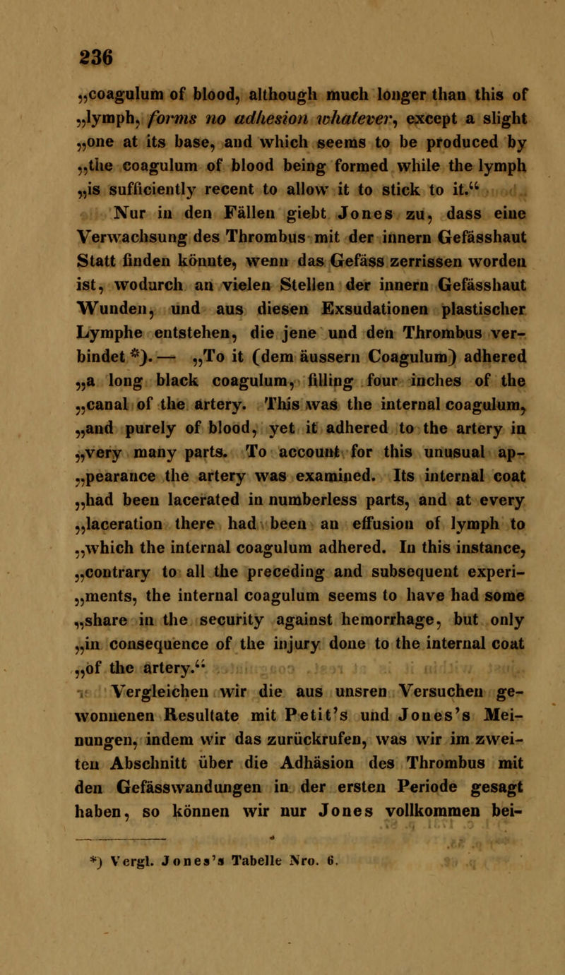 ,,coaguIuni of blood, although much louger than this of ,,lyiiiph^ forms no adliesion whatever^ except a slight „one at its base, and which seems to be produced by „tlie coagulum of blood being formed while the lymph „is sufficiently recent to allovv it to stick to it. Nur iu den Fällen giebt Jones zu, dass eine Verwachsung des Thrombus mit der innern Gefässhaut Statt finden könnte, wenn das Gefäss zerrissen worden ist, wodurch an vielen Stellen der innern Gefässhaut Wunden, und aus diesen Exsudationen plastischer Lymphe entstehen, die jene und den Thrombus ver- bindet *). — „To it (dem äussern Coagulum} adhered „a long black coagulum, filling four inches of the „canal of the artery. This was the internal coagulum, „and purely of blood, yet it adhered to the artery ia „very many parts. To accouiil for this unusual ap- „pearance the artery was examined. Its internal coat „had been lacerated in numberless parts, and at every „laceration there had been an effusion of lymph to „which the internal coagulum adhered. In this instance, „contrary to all the preceding and subsequent experi- „ments, the internal coagulum seems to have had some „share in the security against hemorrhage, but only „in consequence of the injury done to the internal coat „öf the artery.'' if Vergleichen wir die aus unsren Versuchen ge- wonnenen Resultate mit Petit's und Joues's Mei- nungen, indem wir das zurückrufen, was wir im zwei- ten Abschnitt über die Adhäsion des Thrombus mit den Gefäss Wandungen in der ersten Periode gesagt haben, so können wir nur Jones vollkommen bei- *) Vergl. Jones'« Tabelle Nro. 6.