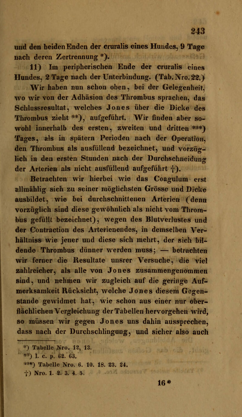 und den beiden Enden der cruralis eines Hundes, 9 Tage nach deren Zertrennung *). 11) Im peripherischen Ende der cruralis eines Hundes, 2 Tage nach der Unterbindung. (Tab. Nro. 22.) Wir haben nun schon oben, bei der Gelegenheit, wo wir von der Adhäsion des Thrombus sprachen, das Schlussresultat, welches Jones über die Dicke des Thrombus zieht **)^ aufgeführt. Wir finden aber so- wohl innerhalb des ersten, zweiten und dritten ***} Tages, als in spätem Perioden nach der Operation, den Thrombus als ausfüllend bezeichnet, und vorzüg- lich in den ersten Stunden nach der Durchschneidunff der Arterien als nicht ausfüllend aufgeführt f). Betrachten wir hierbei wie das Coagulum erst allmählig sich zu seiner möglichsten Grösse und Dicke ausbildet, wie bei durchschnittenen Arterien (denn vorzüglich sind diese gewöhnlich als nicht vom Throm- bus gefüllt bezeichnet), wegen des Blutverlustes und der Contraction des Arterienendes, in demselben Ver- hältniss wie jener und diese sich mehrt, der sich bil- dende Thrombus dünner werden muss; — betrachten wir ferner die Resultate unsrer Versuche, die viel zahlreicher, als alle von Jones zusammengenommen sind, und nehmen wir zugleich auf die geringe Auf- merksamkeit Rücksicht, welche Jones diesem Gegen- stande gewidmet hat, wie schon aus einer nur ober- flächlichen Vergleichung der Tabellen hervorgehen wird, so müssen wir gegen Jones uns dahin aussprechen, dass nach der Durchschhngung, und sicher also auch *) TabeUe Nro. 12, 13. **) 1. c. p. 62. 63. =***) Tabelle Nro. 6. 10. 18. 23. 24. t) Nro. 1. 2. 3. 4. 5. 16*
