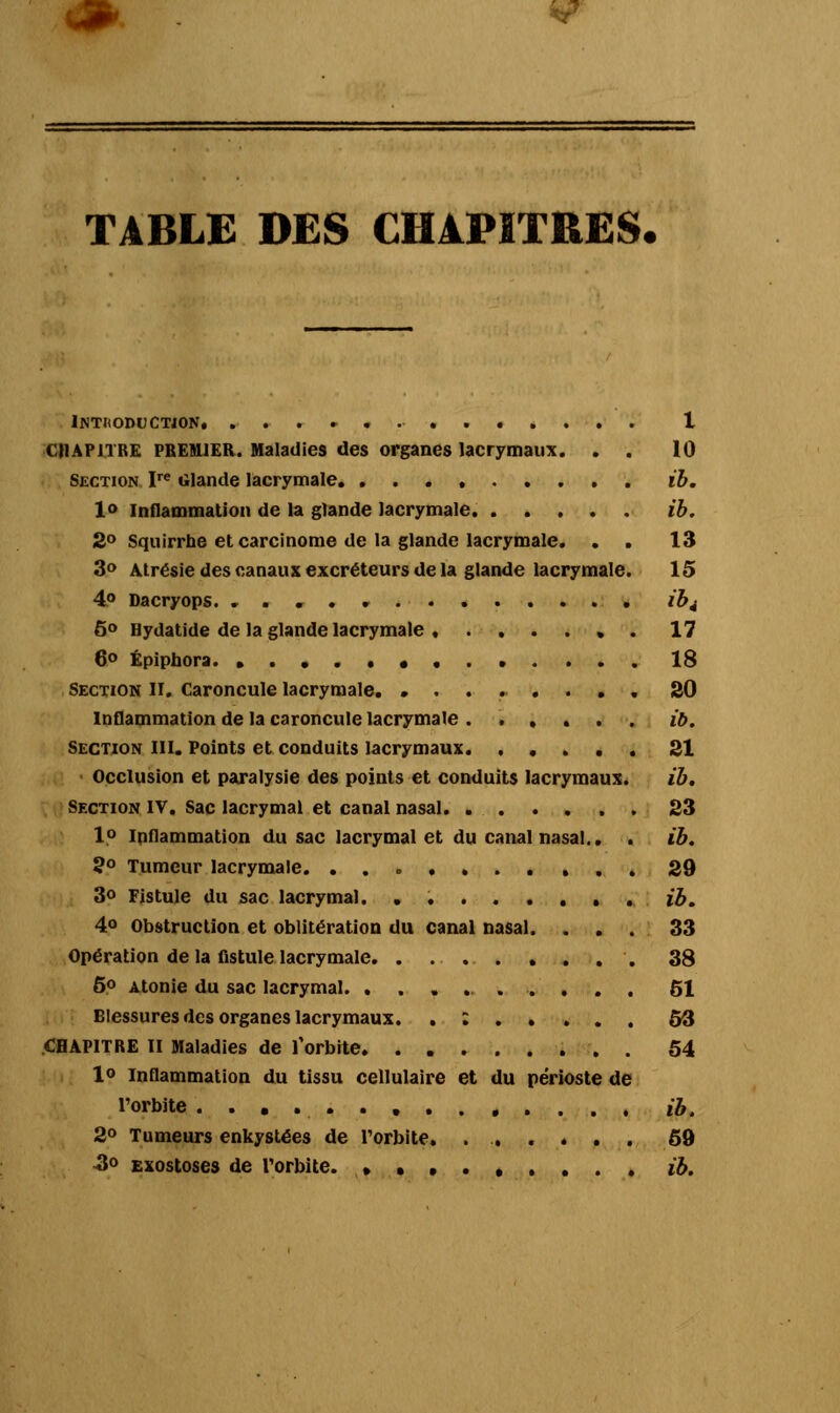 JE- TABLE DES CHAPITRES. INTUODUCTION 1 chapitre premier. Maladies des organes lacrymaux. . . 10 Section Ire Glande lacrymale. ib. 1° Inflammation de la glande lacrymale ib. 2° Squirrhe et carcinome de la glande lacrymale. . . 13 3° Atrésie des canaux excréteurs de la glande lacrymale. 15 4° Dacryops. . ib4 6° Hydatide de la glande lacrymale . 17 6° Épipbora 18 Section II. Caroncule lacrymale. ........ 20 Inflammation de la caroncule lacrymale . ..... ib. Section III. Points et conduits lacrymaux. ..... 21 Occlusion et paralysie des points et conduits lacrymaux. ib. Section IV. Sac lacrymal et canal nasal 23 1° Inflammation du sac lacrymal et du canal nasal.. . ib. ?° Tumeur lacrymale. .......... 29 3° Fistule du sac lacrymal. . ib. 4° Obstruction et oblitération du canal nasal. ... 33 Opération de la fistule lacrymale 38 5° Atonie du sac lacrymal 51 Blessures des organes lacrymaux. . : 53 CHAPITRE II Maladies de l'orbite 54 1° Inflammation du tissu cellulaire et du périoste de l'orbite , ib. 2° Tumeurs enkystées de l'orbite. ...... 69 4Jo Exostoses de l'orbite. •••...... ib.