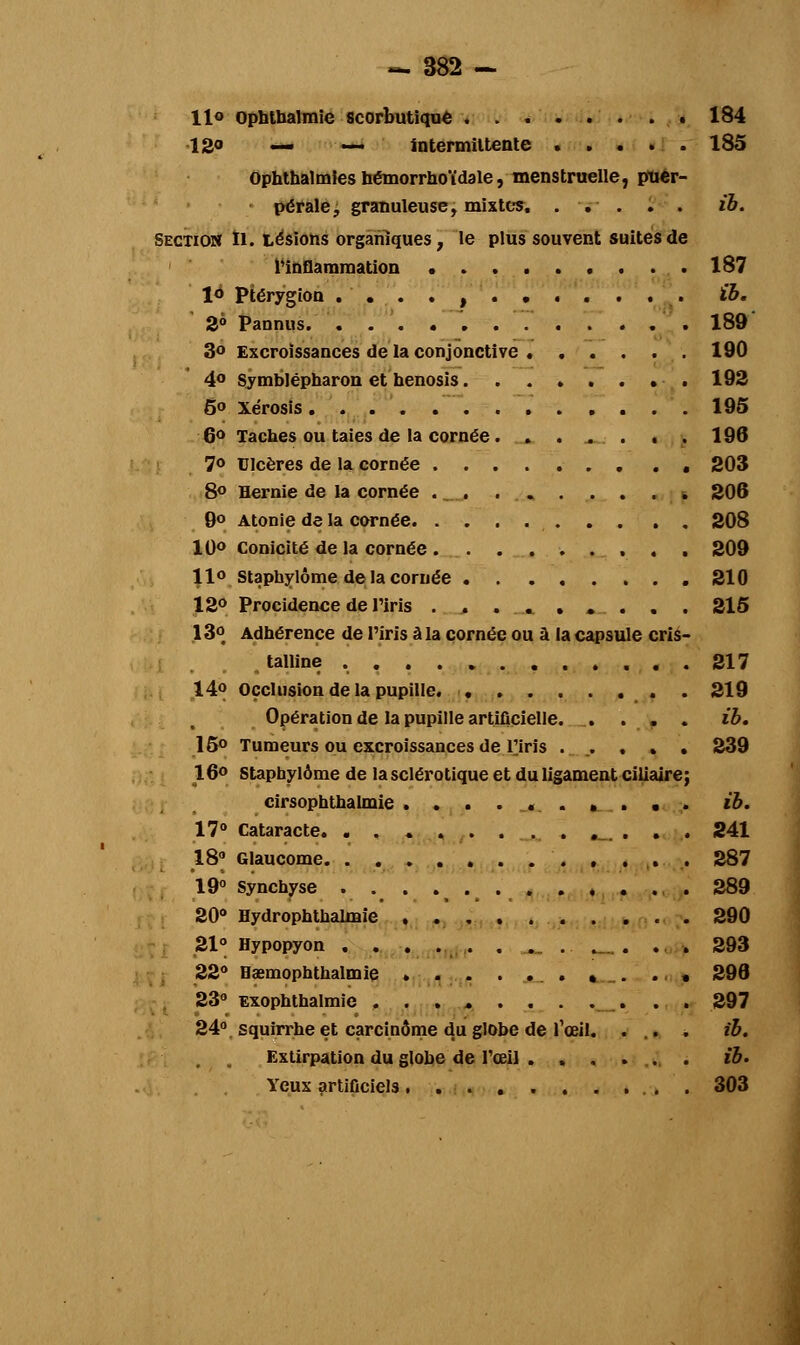 11© Ophthalmie scorbutique .184 12o — — intermittente 185 Ophthalmies hemorrhoïdale, menstruelle, puer- pérale, granuleuse, mixtes. ... . . ib. Section II. Lésions organiques, le plus souvent suites de l'inflammation 187 là ptérygion ............ ib. 2° Pannus. 189' 3° Excroissances de la conjonctive 190 4° Symblépharon et henosis 193 5° Xérosis 195 6° Taches ou taies de la cornée 196 7° Ulcères de la cornée 203 8° Hernie de la cornée ■» 206 9° Atonie de la cornée 208 10° Conicité delà cornée 209 11° Stapbylôme de la cornée 210 12° Procidence de l'iris . 215 .13°. Adhérence de l'iris à la cornée ou à la capsule cris- talline , 217 14° Occlusion de la pupille . 219 Opération de la pupille artificielle ib, 15° Tumeurs ou excroissances de l'iris ...... 239 16° Staphylôme de la sclérotique et du ligament ciliaire; cirsophthalmie .......... ib. 17° Cataracte 241 18» Glaucome . 287 19° Synchyse . . . . . 289 20° Bydrophthalmie 290 21° Hypopyon ........ .... 293 22° Baemophthalmie . .. . , 296 23° Exophthalmie ........... 297 24°. squirrhe et carcinome du globe de l'œil. ... . ib. , . Extirpation du globe de l'œil ...... ib. Yeux artificiels. . 303