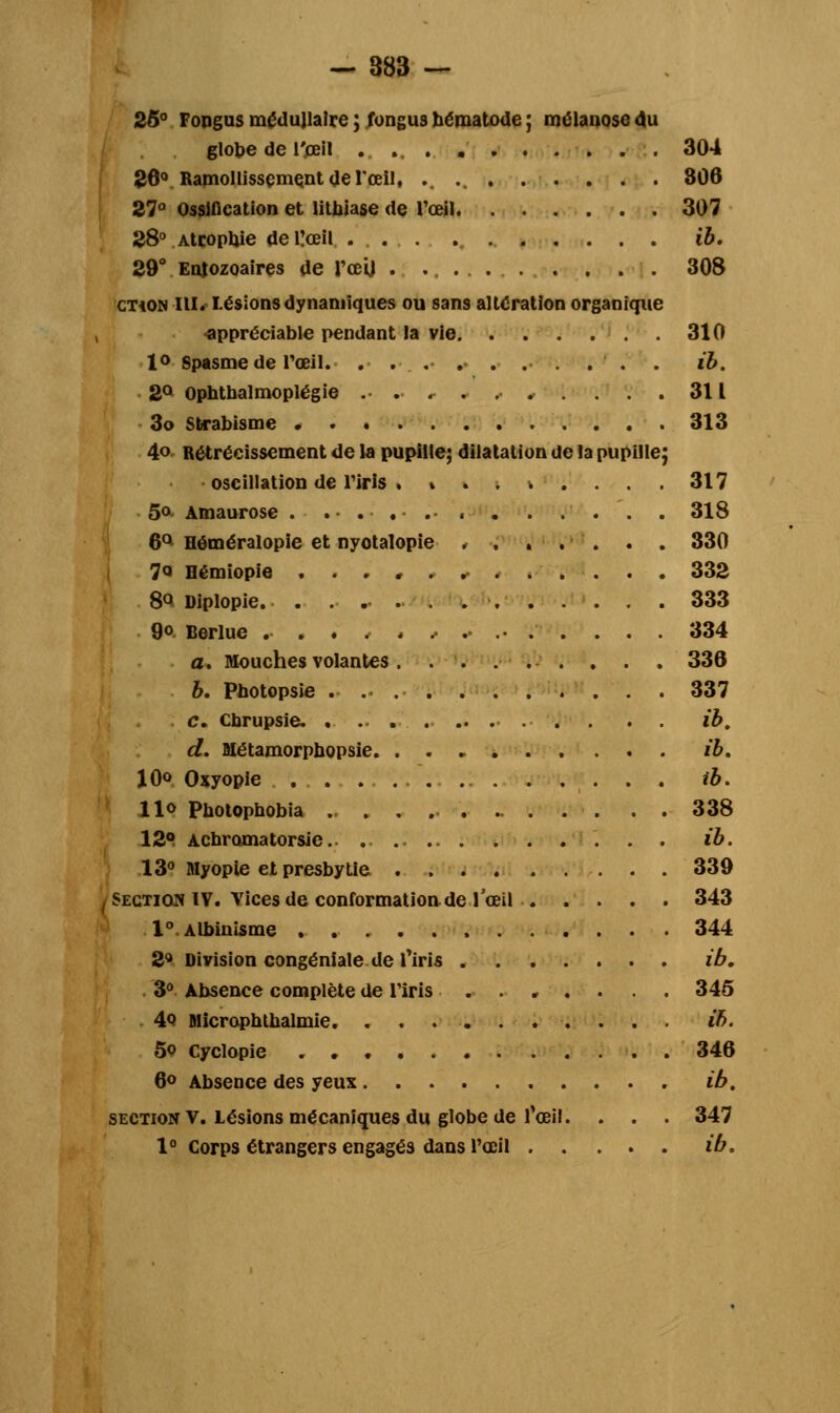 25° Fongus médullaire ; Xongus bématode ; mélanosedu globe de l'œil . 304 26° Ramollissement de l'œil, 806 27° Ossification et lithiase de l'œil 307 28° AtcopbJe del!œil ib. 29° Enjozoaires de l'œU 308 CTiON III. Lésions dynamiques ou sans altération organique •appréciable pendant la vie 310 1° Spasme de l'œil ib. 2° uphtbalmoplégie .......... 311 3o Strabisme 313 4o Rétrécissement de la pupille; dilatation de la pupille; oscillation de l'iris . » 317 5° Amaurose . 318 6° Héméralopie et nyotalopie ....... 330 7Q Hémiopie . . . , 332 8Q Diplopie. 333 9° Berlue ...,....• 334 a. Mouches volantes 336 b. Photopsie . 337 c. Chrupsie. . ... ib. d. Métamorpbopsie ib. 10° Oxyopie ib. llo Photopbobia . . . . . 338 12° Acbromatorsie.- ib. 13° Myopie et presbytie 339 I Section IV. Vices de conformation de l'œil 343 1° Albinisme 344 2a Division congéniale de l'iris ib. 3° Absence complète de l'iris 345 4o Microphtbalmie ib. 5o cyclopie 346 6° Absence des yeux ib. section V. Lésions mécaniques du globe de l'œil. . . . 347 1° Corps étrangers engagés dans l'œil ib.