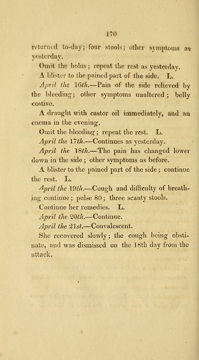 returned to-day; four stools; other symptoms as yesterday. Omit the bolus; repeat the rest as yesterday. A blister to the pained part of the side. L. April the IQth.—Pain of the side relieved by the bleeding-; other symptoms unaltered; belly costive. A draught with castor oil immediately, and an enema in the evening-. Omit the bleeding; repeat the rest. L. April the 11th.—Continues as yesterday. April the 18th.—-The pain has changed lower down in the side ; other symptoms as before. A blister to the pained part of the side; continue the rest. L. dpril the 19th.—Cough and difficulty of breath- ing continue ; pulse 80; three scanty stools. Continue her remedies. L. April the 2Qih.—Continue. April the 2]st.—Convalescent. She recovered slowly; the cough being obsti- nate, and was dismissed on the 18th day from the attack.