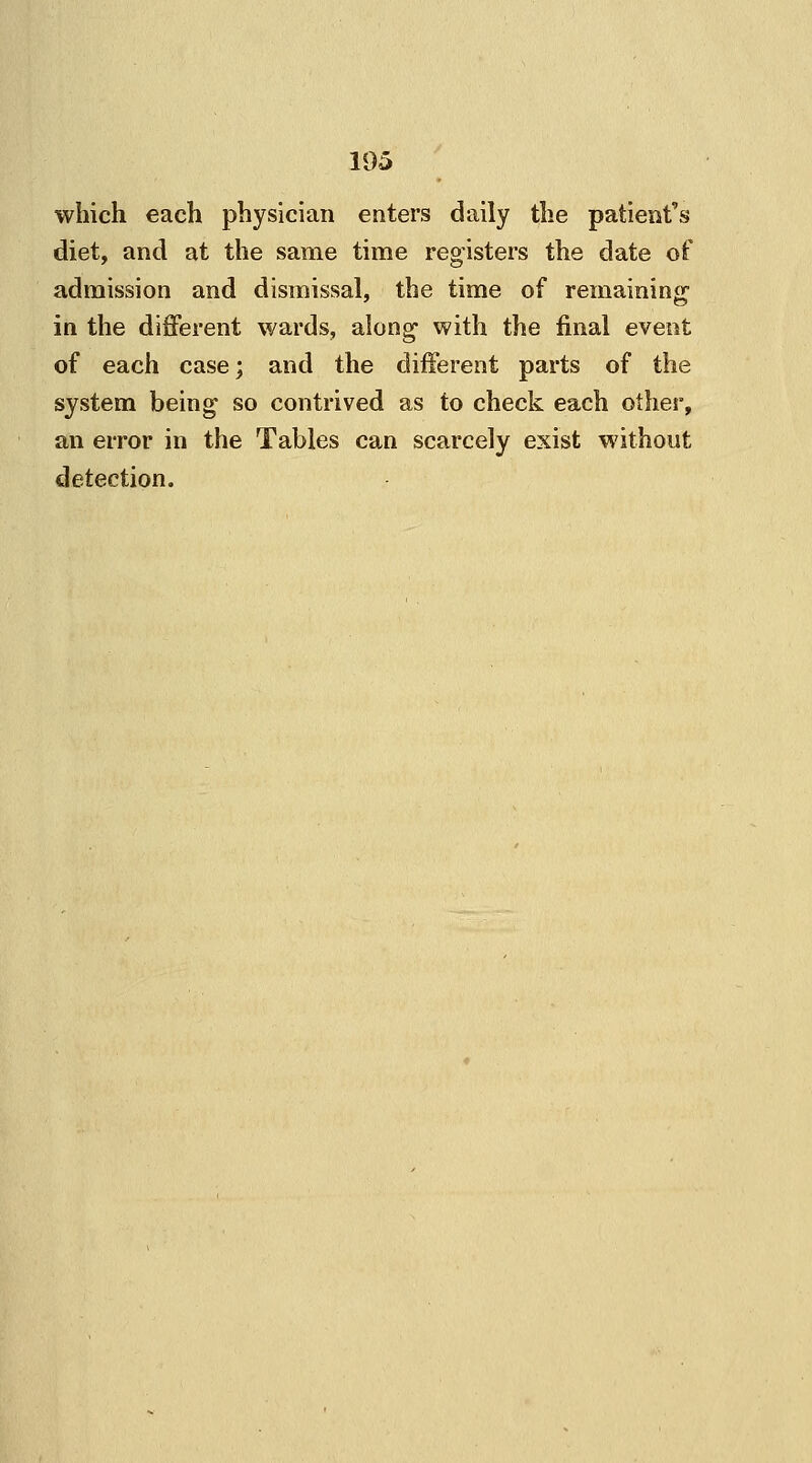 which each physician enters daily the patient's diet, and at the same time registers the date of admission and dismissal, the time of remaining in the different wards, along- with the final event of each case; and the different parts of the system being so contrived as to check each other, an error in the Tables can scarcely exist without detection.