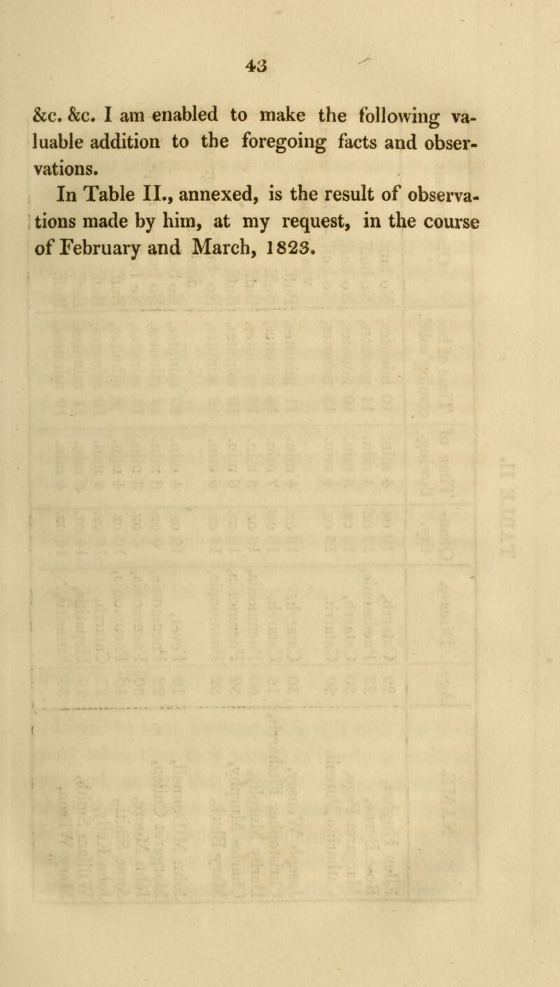 &c. &c. I am enabled to make the following va- luable addition to the foregoing facts and obser- vations. In Table II., annexed, is the result of observa- tions made by him, at my request, in the course of February and March, 1823.