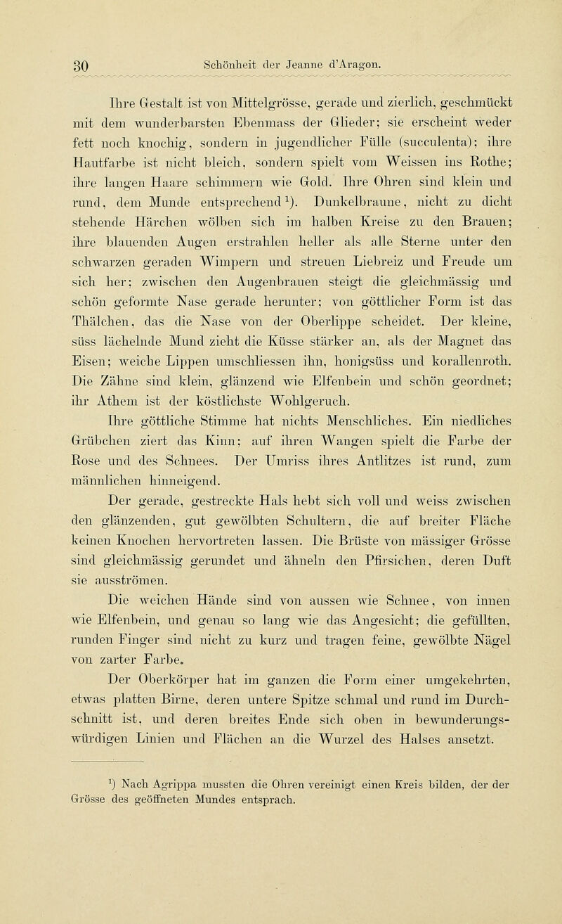 Ihre Gestalt ist von Mittelgrösse, gerade und zierlicli, geschmückt mit dem wunderbarsten Ebenmass der Glieder; sie erscheint weder fett noch knochig, sondern in jugendlicher Fülle (succulenta); ihre Hautfarbe ist nicht bleich, sondern spielt vom Weissen ins Rothe; ihre langen Haare schimmern wie Gold. Ihre Ohren sind klein und rund, dem Munde entsprechend^). Dunkelbraune, nicht zu dicht stehende Härchen wölben sich im halben Kreise zu den Brauen; ihre blauenden Augen erstrahlen heller als alle Sterne unter den schwarzen geraden Wimpern und streuen Liebreiz und Freude um sich her; zwischen den Augenbrauen steigt die gleichmässig und schön geformte Nase gerade herunter; von göttlicher Form ist das Thälchen, das die Nase von der Oberlippe scheidet. Der kleine, süss lächelnde Mund zieht die Küsse stärker an, als der Magnet das Eisen; weiche Lippen umschliessen ihn, honigsüss und korallenroth. Die Zähne sind klein, glänzend wie Elfenbein und schön geordnet; ihr Athem ist der köstlichste Wohlgeruch. Ihre göttliche Stimme hat nichts Menschliches, Ein niedliches Grübchen ziert das Kinn; auf ihren Wangen spielt die Farbe der Rose und des Schnees. Der Umriss ihres Antlitzes ist rund, zum männlichen hinneigend. Der gerade, gestreckte Hals hebt sich voll und weiss zwischen den glänzenden, gut gewölbten Schultern, die auf breiter Fläche keinen Knochen hervortreten lassen. Die Brüste von massiger Grösse sind gleichmässig gerundet und ähneln den Pfirsichen, deren Duft sie ausströmen. Die weichen Hände sind von aussen wie Schnee, von innen wie Elfenbein, und genau so lang wie das Angesicht; die gefüllten, runden Finger sind nicht zu kurz und tragen feine, gewölbte Nägel von zarter Farbe. Der Oberkörper hat im ganzen die Form einer umgekehrten, etwas platten Birne, deren untere Spitze schmal und rund im Durch- schnitt ist, und deren breites Ende sich oben in bewundßrungs- würdigen Linien und Flächen an die Wurzel des Halses ansetzt. ^) Nach Agrippa mussten die Ohren vereinigt einen Kreis bilden, der der Grösse des geöffneten Mundes entsprach.