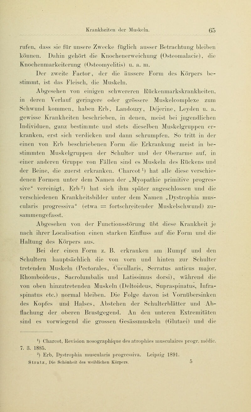 Krankheiten der Muskeln. ß5 rufen, dass sie für unsere Zwecke füglich ausser Betrachtung bleiben können. Dahin gehört die Knochenerweichung (Osteomalacie), die Knochenmarkeiterung (Osteomyelitis) u. a. ni. Der zweite Factor, der die äussere Form des Körpers be- stimmt, ist das Fleisch, die Muskeln. Abgesehen von einigen schwereren Rückenmarkskrankheiten, in deren Verlauf geringere oder grössere Muskelcomplexe zum Schwund kommen, haben Erb, Landouzy, De'jerine, Leyden u. a. gewisse Krankheiten beschrieben, in denen, meist bei jugendlichen Individuen, ganz bestimmte und stets dieselben Muskelgruppen er- kranken, erst sich verdicken und dann schrumpfen. So tritt in der einen von Erb beschriebenen Form die Erkrankung meist in be- stimmten Muskelgruppen der Schulter und der Oberarme auf, in einer anderen Gruppe von Fällen sind es Muskeln des Rückens und der Beine, die zuerst erkranken. Charcot ^) hat alle diese verschie- denen Formen unter dem Namen der „Myopathie primitive progres- sive vereinigt, Erb^) hat sich ihm später angeschlossen und die verschiedenen Krankheitsbilder unter dem Namen „Dystro]3hia mus- cularis progressiva (etwa = fortschreitender Muskelschwund) zu- sammengefasst. Abgesehen von der Functionsstörung übt diese Krankheit je nach ihrer Localisation einen starken Einfluss auf die Form und die Haltung des Körpers aus. Bei der einen Form z. B. erkranken am ; Rumpf und den Schultern hauptsächlich die von vorn und hinten zur Schulter tretenden Muskeln (Pectorales, Cucullaris, Serratus anticus major, Rhomboideus, Sacrolumbalis und Latissimus dorsi), während die von oben hinzutretenden Muskeln (Deltoideus, Supraspinatus, lufra- spinatus etc.) normal bleiben. Die Folge davon ist Vornübersinken des Kopfes und Halses, Abstehen der Schulterblätter und Ab- flachung der oberen Brustgegend. An den unteren Extremitäten sind es vorwiegend die grossen Gesässmuskeln (Glutaei) und die ^) Charcot, Revision nosographiqne des atrophies musculaires progr. medic. 7. 3. 1885. '^) Erb, Dystrophia muscularis progressiva. Leipzig 1891. Stratz, Die Scliönlieit des weiblichen Körpers. 5