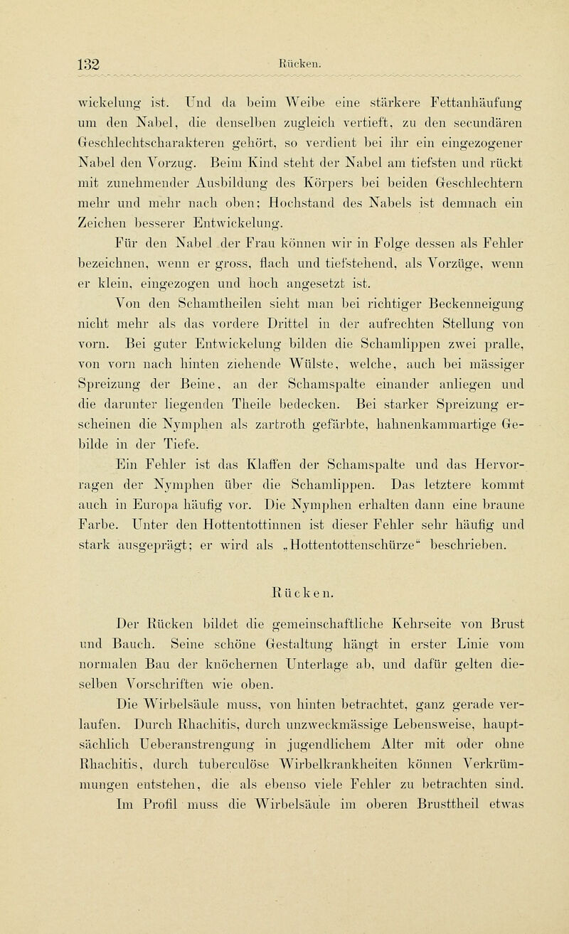 Wickelung ist. Und da beim Weibe eine stärkere Fettanbäufung um den Nabel, die denselben zugleich vertieft, zu den secundären Gescblecbtscbarakteren gebort, so verdient bei ihr ein eingezogener Nabel den Vorzug. Beim Kind steht der Nabel am tiefsten und rückt mit zunebmender Ausbildung des Körpers bei beiden Geschlechtern mehr und mehr nach oben; Hochstand des Nabels ist demnach ein Zeichen besserer Entwickelung. Für den Nabel der Frau können wir in Folge dessen als Fehler bezeichnen, wenn er gross, flach und tiefstehend, als Vorzüge, wenn er klein, eingezogen und hocb angesetzt ist. Von den Schamtheilen sieht man bei richtiger Beckenneigung nicht mehr als das vordere Drittel in der aufrechten Stellung von vorn. Bei guter Entwickelung bilden die Schamlippen zwei pralle, von vorn nacb hinten ziehende Wülste, welche, auch bei massiger Spreizung der Beine, an der Schamspalte einander anliegen und die darunter liegenden Theile bedecken. Bei starker Spreizung er- scheinen die NymjDhen als zartroth gefärbte, hahnenkamraartige Gre- bilde in der Tiefe. Ein Fehler ist das Klaffen der Schamspalte und das Hervor- ragen der Nymphen über die Schamlippen. Das letztere kommt auch in Europa häufig vor. Die Nymphen erhalten dann eine braune Farbe. Unter den Hottentottinnen ist dieser Fehler sehr häufig und stark ausgeprägt; er wird als „Hottentottenschürze beschrieben. Rücken. Der Rücken bildet die gemeinschaftliche Kehrseite von Brust und Bauch. Seine schöne Gestaltung hängt in erster Linie vom normalen Bau der knöchernen Unterlage ab, und dafür gelten die- selben Vorschriften wie oben. Die Wirbelsäule muss, A^on hinten betrachtet, ganz gerade ver- laufen. Durch Rhachitis, durch unzweckmässige Lebensweise, haupt- sächlich Ueberanstrengung in jugendlichem Alter mit oder ohne Rhachitis, durch tuberculöse Wirbelkrankheiten können Verkrüm- mungen entstehen, die als ebenso viele Fehler zu betrachten sind. Im Profil muss die Wirbelsäule im oberen Brusttheil etwas