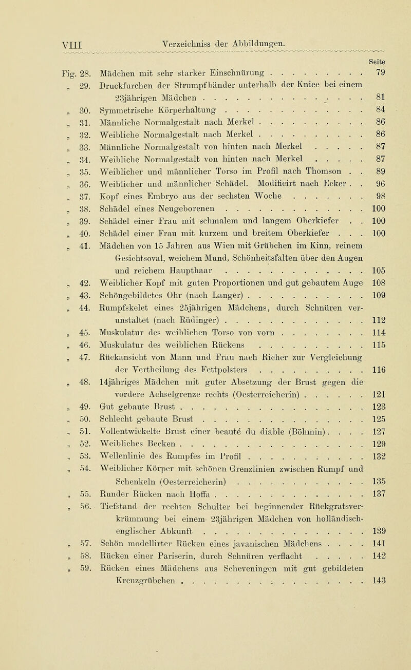 Seite Fig. 28. Mädchen mit sehr starker Einschnürung 79 „ 29. Druckfurchen der Strumpfbänder unterhalb der Kniee bei einem 23jährigen Mädchen 81 „ 30. Symmetrische Körperhaltung 84 „ 31. Männliche Normalgestalt nach Merkel 86 „ 32. Weibliche Normalgestalt nach Merkel 86 „ 33. Männliche Normalgestalt von hinten nach Merkel 87 ,, 34. Weibliche Normalgestalt von hinten nach Merkel 87 ., 35. Weiblicher und männlicher Torso im Profil nach Thomson . . 89 „ 36. Weiblicher und männlicher Schädel. Modificirt nach Ecker . . 96 „ 37. Kopf eines Embryo aus der sechsten Woche 98 „ 38. Schädel eines Neugeborenen 100 ., 39. Schädel einer Frau mit schmalem und langem Oberkiefer . . 100 „ 40. Schädel einer Frau mit kurzem und breitem Oberkiefer . . . 100 „ 41. Mädchen von 15 Jahren aus Wien mit Grübchen im Kinn, reinem Gesichtsoval, weichem Mund, Schönheitsfalten über den Augen und reichem Haupthaar 105 B 42. Weiblicher Kopf mit guten Proportionen und gut gebautem Auge 108 ., 43. Schöngebildetes Ohr (nach Langer) 109 „ 44. Rumpfskelet eines 25jährigen Mädchens, durch Schnüren ver- unstaltet (nach Rüdinger) 112 „ 45. Muskulatur des weiblichen Torso von vorn 114 „ 46. Muskulatur des weiblichen Rückens 115 „ 47. Rückansicht von Mann und Frau nach Richer zur Vergleichung der Vertheilung des Fettpolsters 116 „ 48. 14j ähriges Mädchen mit guter Absetzung der Brust gegen die vordere Achselgrenze rechts (Oesterreicherin) 121 „ 49. Gut gebaute Brust 123 „ 50. Schlecht gebaute Brust 125 „ 51. Vollentwickelte Brust einer beaute du diable (Böhmin).... 127 ., 52. Weibliches Becken 129 „ 53. Wellenlinie des Rumpfes im Profil 132 „ 54. Weiblicher Körper mit schönen Grenzlinien zwischen Rumpf und Schenkeln (Oesterreicherin) 135 ,, 55. Runder Rücken nach Hoffa 137 „ 56. Tiefstand der rechten Schulter bei beginnender Rückgratsver- krümmung bei einem 23jährigen Mädchen von holländisch- englischer Abkunft 139 „ 57. Schön modellirter Rücken eines javanischen Mädchens .... 141 „ 58. Rücken einer Pariserin, durch Schnüren verflacht 142 „ 59. Rücken eines Mädchens aus Scheveningen mit gut gebildeten Kreuzo-rübchen 143