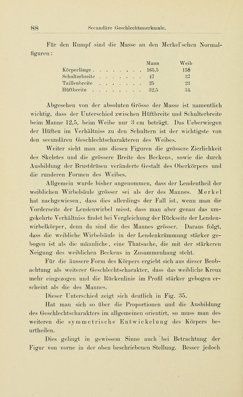 Für den Rumpf sind die Masse an den Merkel'schen Normal- figuren : Mann Weib Körperlänge 165,5 158 Schulterbreite 47 37 Taillenbreite 25 23 Hüftbreite 32,5 34. Abgesehen von der absoluten Grösse der Masse ist namentlich, wichtig, dass der Unterschied zwischen Hüftbreite und Schulterbreite beim Manne 12,5, beim Weibe nur 3 cm beträgt. Das Ueberwiegen der Hüften im Verhältniss zu den Schultern ist der wichtigste von den secundären Geschlechtscharakteren des Weibes. Weiter sieht man aus diesen Figuren die grössere Zierlichkeit des Skeletes und die grössere Breite des Beckens, sowie die durch Ausbildung der Brustdrüsen veränderte Gestalt des Oberkörpers und die runderen Formen des Weibes. Allgemein wurde bisher angenommen, dass der Lendentheil der weiblichen Wirbelsäule [grösser sei als der des Mannes. Merkel hat nachgewiesen, dass dies allerdings der Fall ist, wenn man die Vorderseite der Lendenwirbel misst, dass man aber genau das um- gekehrte Verhältniss findet bei Vergleichung der Rückseite der Lenden- wirbelkörper, denn da sind die des Mannes grösser. Daraus folgt, dass die weibliche Wirbelsäule in der Lendenkrümmung stärker ge- bogen ist als die männliche, eine Thatsache, die mit der stärkeren Neigung des weiblichen Beckens in Zusammenhang steht. Für die äussere Form des Körpers ergiebt sich aus dieser Beob- achtung als weiterer Geschlechtscharakter, dass das weibliche Kreuz mehr eingezogen und die Rückenlinie im Profil stärker gebogen er- scheint als die des Mannes. Dieser Unterschied zeigt sich deutlich in Fig. 35. Hat man sich so über die Proportionen und die Ausbildung des Geschlechtscharakters im allgemeinen orientirt, so muss man des weiteren die symmetrische Entwickelung des Körpers be- urtheilen. Dies gelingt in gewissem Sinne auch'bei Betrachtung der Figur von vorne in der oben beschriebenen Stellung. Besser jedoch