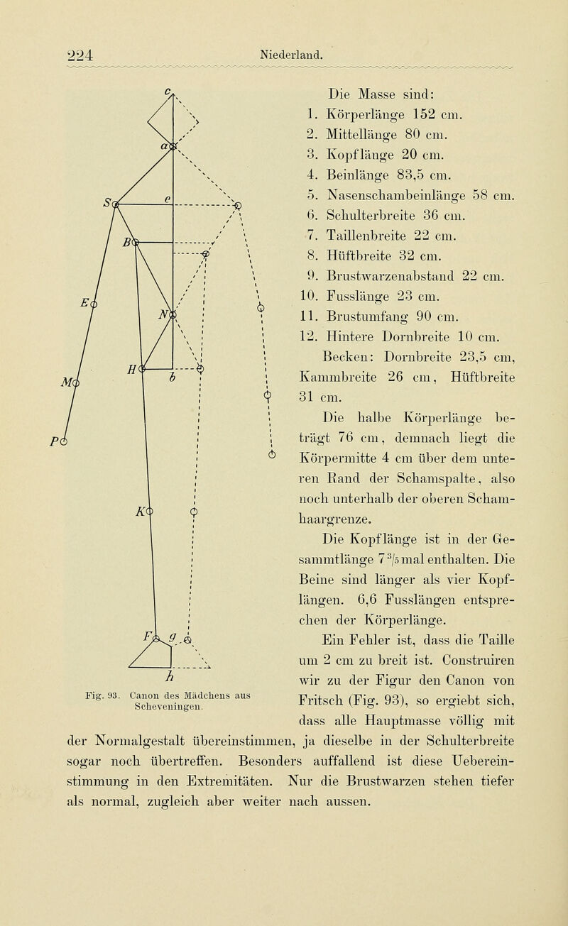 Die Masse sind: 1. Körperlänge 152 cm. 2. Mittellänge 80 cm. 3. Kopflänge 20 cm. 4. Beinlänge 83,5 cm. 5. Nasenschambeinlänge 58 cm. 6. Scliulterbreite 36 cm. 7. Taillenbreite 22 cm. 8. Hüftbreite 32 cm. 9. Brustwarzenabstand 22 cm. 10. Fusslänge 23 cm. 11. Brustumfang 90 cm. 12. Hintere Dornbreite 10 cm. Becken: Dornbreite 23,5 cm, Kammbreite 26 cm, Hüftbreite 31 cm. Die halbe Körperlänge be- trägt 76 cm, demnach liegt die Körpermitte 4 cm über dem unte- ren Rand der Schamspalte, also noch unterhalb der oberen Scham- haargrenze. Die Kopflänge ist in der Gre- sammtlänge 7 3/s mal enthalten. Die Beine sind länger als vier Kopf- längen. 6,6 Fusslängen entspre- chen der Körperlänge. Ein Fehler ist, dass die Taille um 2 cm zu breit ist. Construiren wir zu der Figur den Canon von Fritsch (Fig. 93), so ergiebt sich, dass alle Hauptmasse völlig mit der Normalgestalt übereinstimmen, ja dieselbe in der Schulterbreite sogar noch übertreffen. Besonders auffallend ist diese Ueberein- stimmung in den Extremitäten. Nur die Brustwarzen stehen tiefer als normal, zugleich aber weiter nach aussen. Fig. 93. Canon des Mädchens aus Sclieveningen.