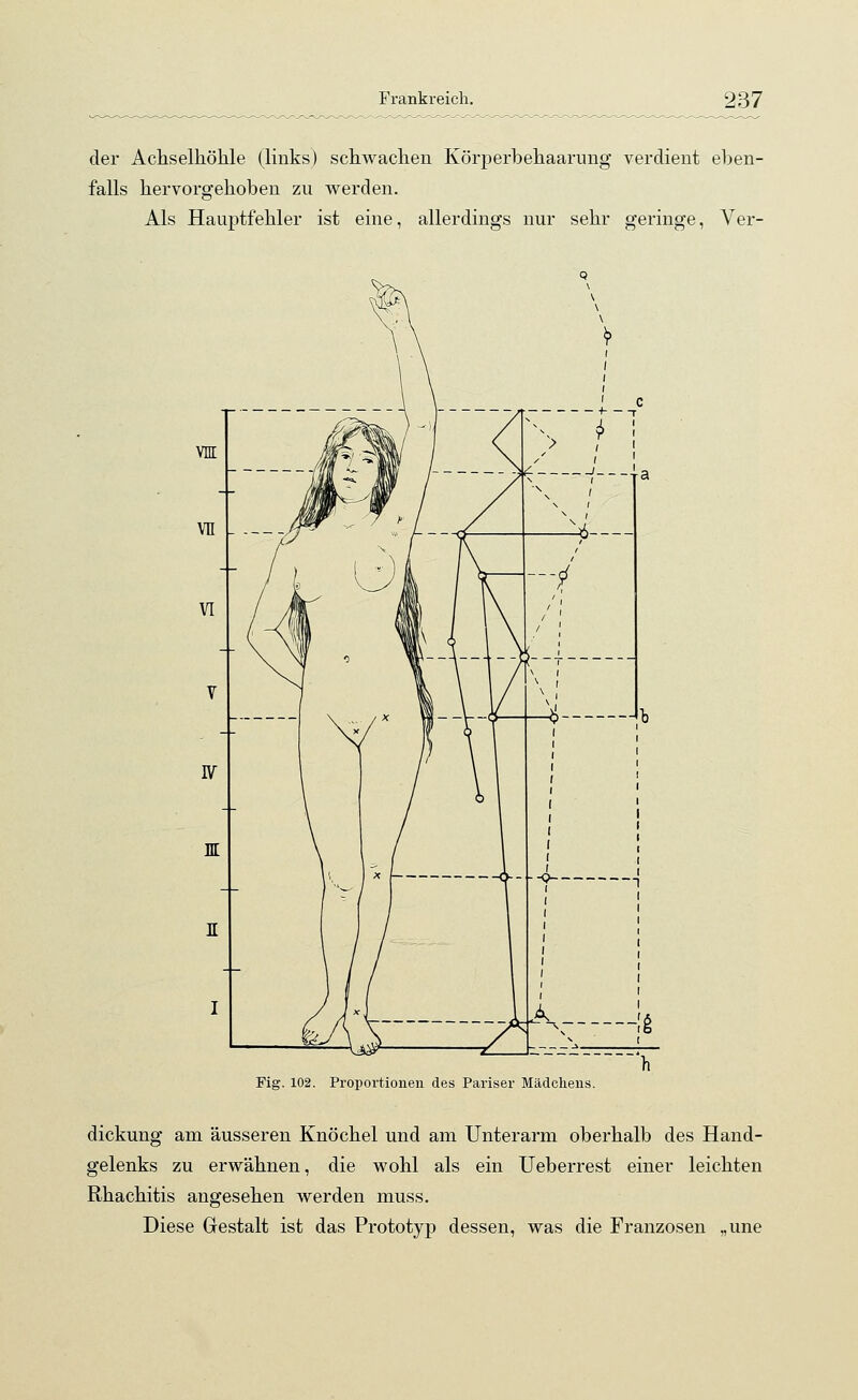 der Achselhöhle (links) schwachen Körperbehaarung verdient eben- falls hervorgehoben zu werden. Als Hauptfehler ist eine, allerdings nur sehr geringe, Ver- Fig. 102. Proportionen des Pariser Mädchens. dickung am äusseren Knöchel und am Unterarm oberhalb des Hand- gelenks zu erwähnen, die wohl als ein Ueberrest einer leichten Rhachitis angesehen werden muss. Diese Gestalt ist das Prototyp dessen, was die Franzosen „une